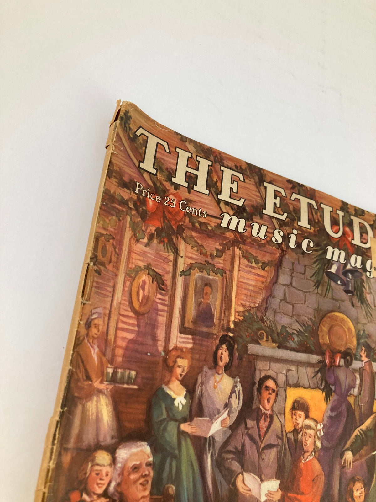 VTG Etude The Music Magazine December 1947, showcasing the cover featuring a festive gathering with carolers by a fireplace.