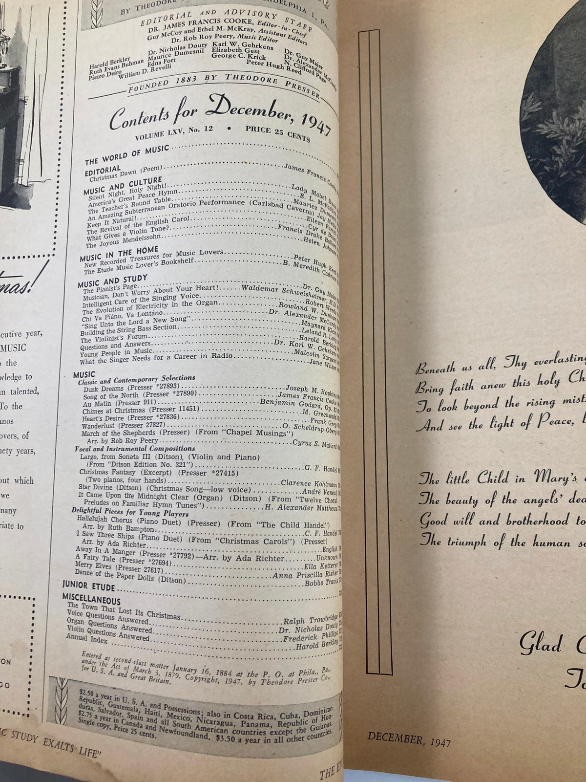 VTG Etude The Music Magazine December 1947, inside view showing the contents page with article titles and music topics from the vintage issue.