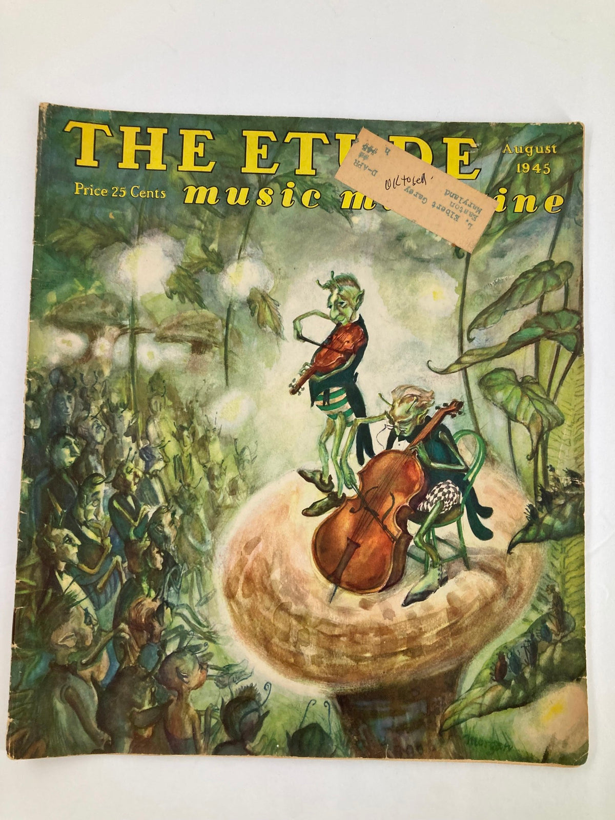 Cover of VTG Etude The Music Magazine August 1945 featuring whimsical illustrations of musical creatures performing, showcasing the theme 'The Philosophy of Sound'.