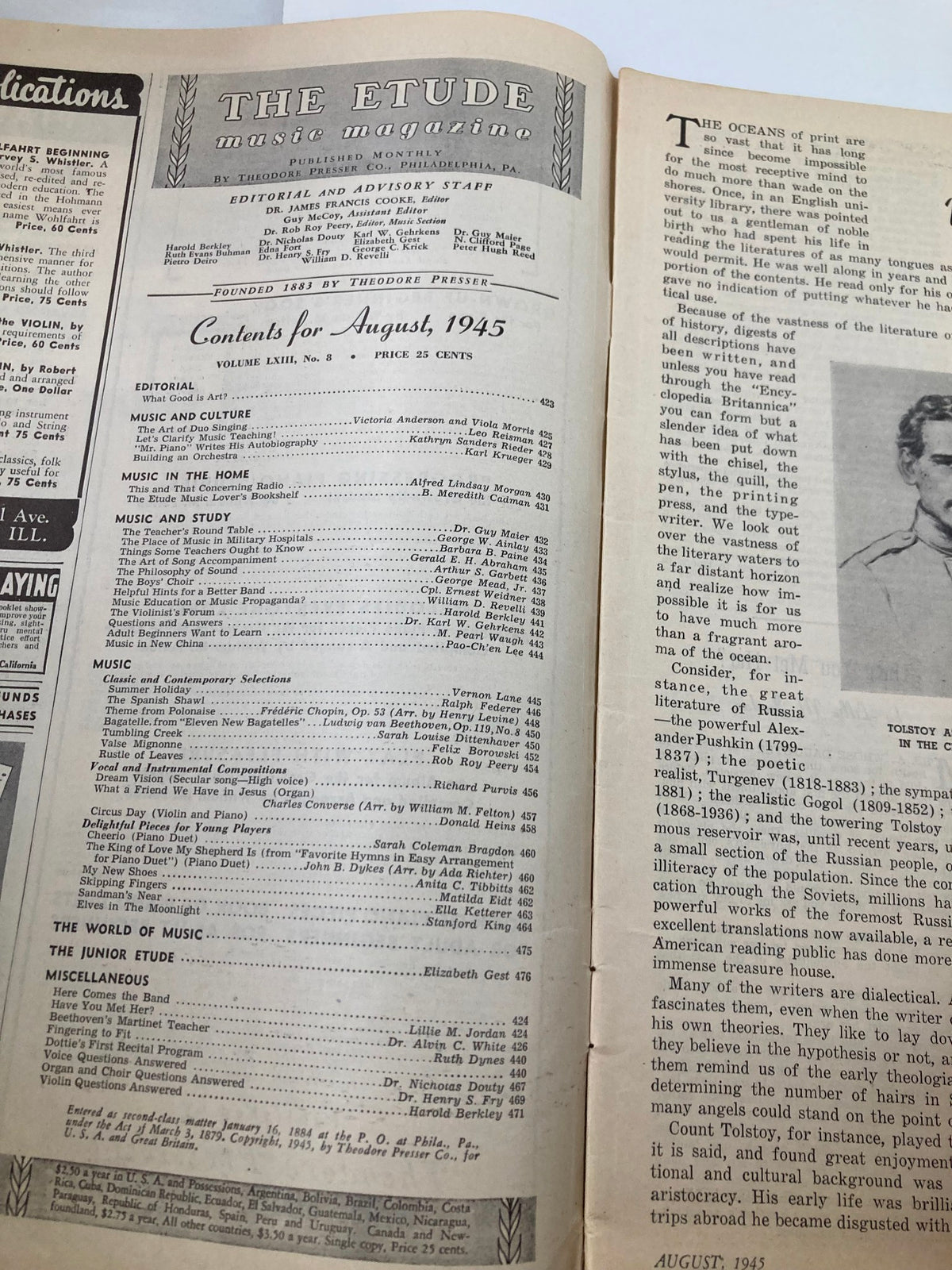 Table of contents from VTG Etude The Music Magazine, August 1945, showing editorial and article listings.