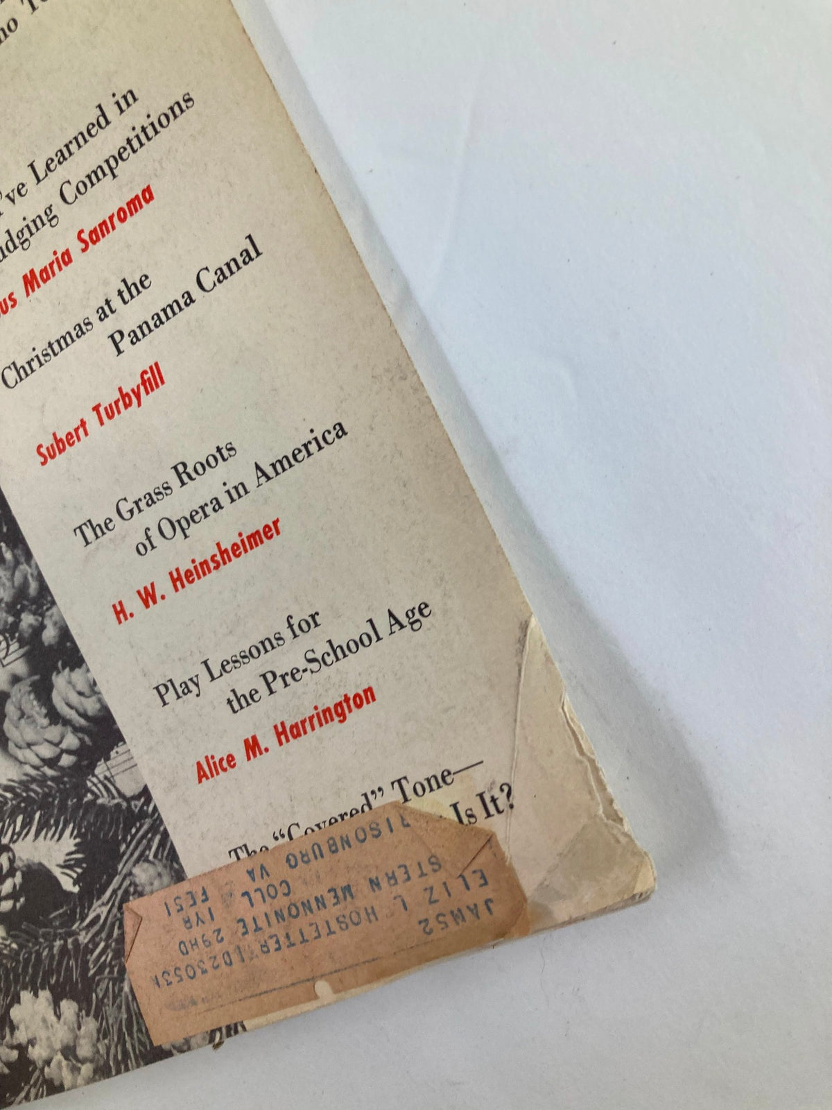 Close-up view of the back cover of VTG Etude The Music Magazine December 1951 Vol 69 #12 showing the contents list and details of featured articles including The Grass Roots.