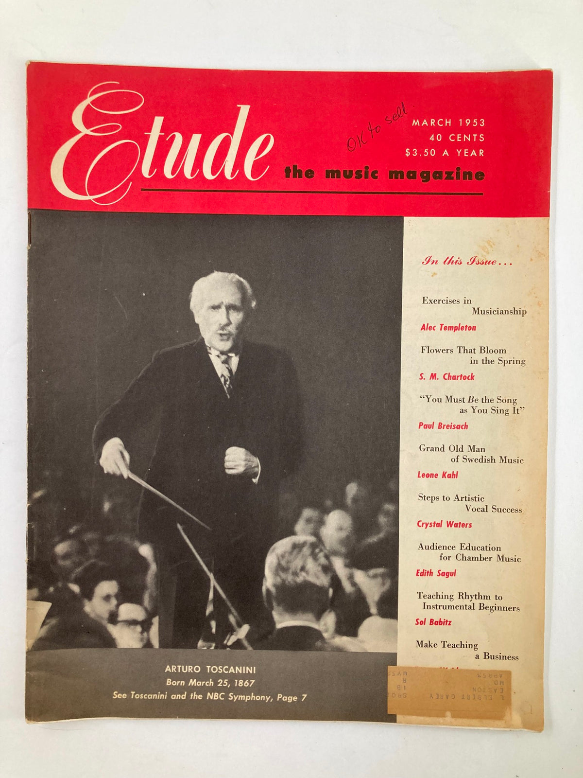 Cover of VTG Etude The Music Magazine March 1953 Vol 71 #3 featuring Arturo Toscanini conducting, with title 'Etude the music magazine' and content details listed.