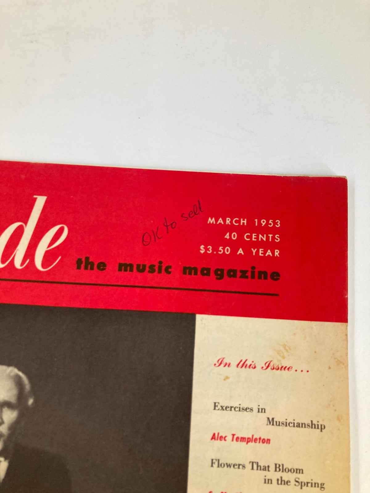 Top section of the cover of VTG Etude The Music Magazine March 1953 Vol 71 #3, highlighting the magazine's price, publication date, and the phrase 'OK to sell'.
