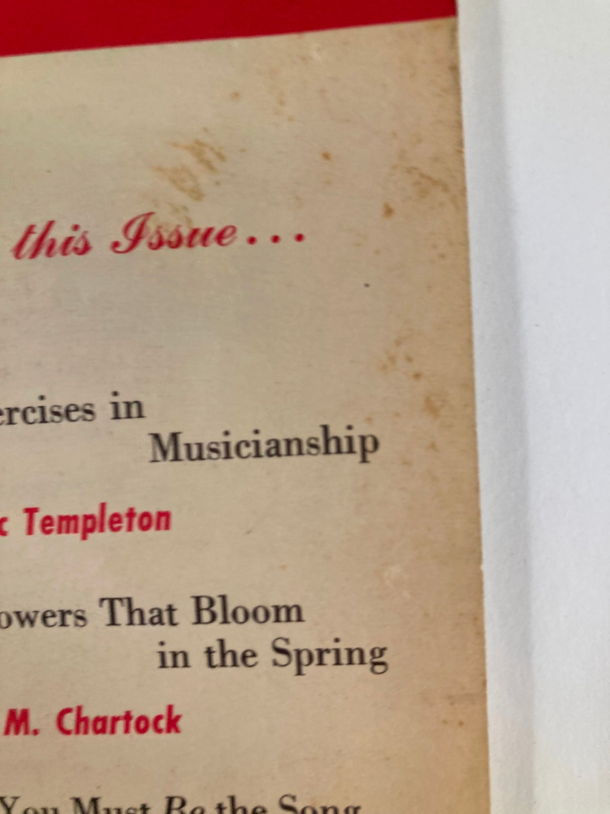 Close-up of the contents section from the magazine VTG Etude The Music Magazine March 1953 Vol 71 #3, listing articles on musicianship and other topics.