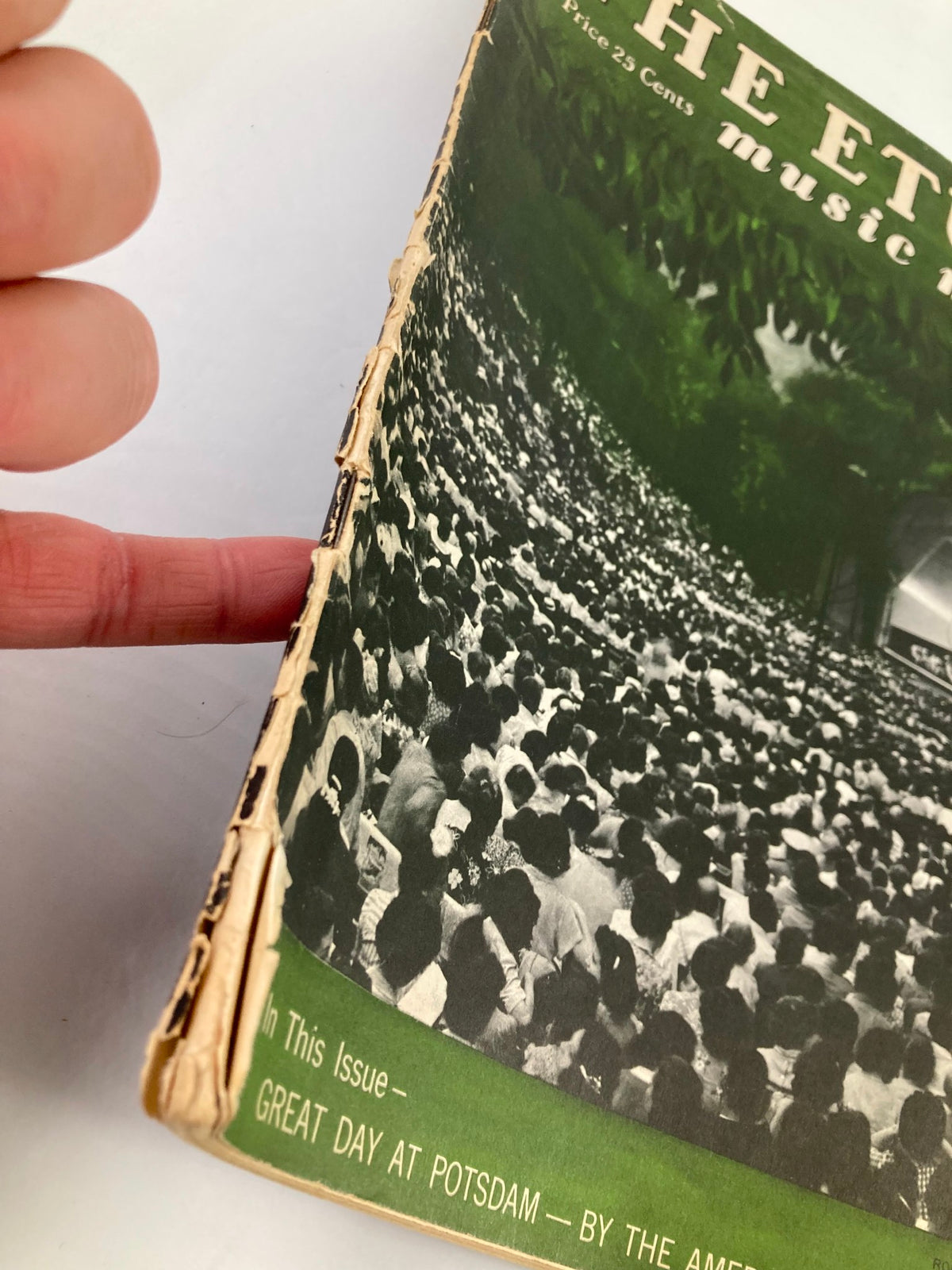 Side view of the cover of VTG Etude The Music Magazine June 1946 Vol 64 #6 showing the spine and minor wear details.