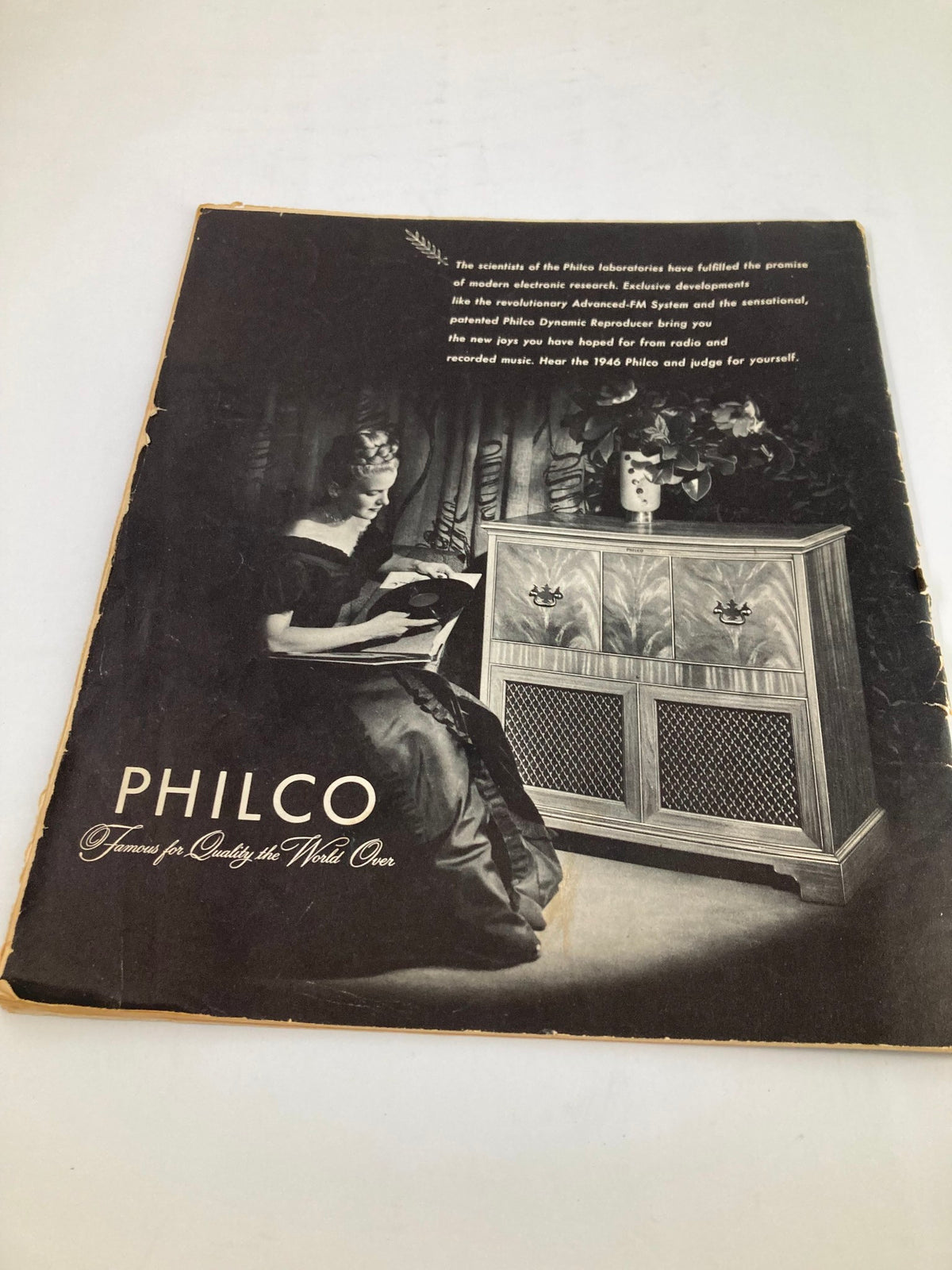 Advertisment for Philco in VTG Etude The Music Magazine June 1946 Vol 64 #6, highlighting modern electronic research and a vintage stereo system.