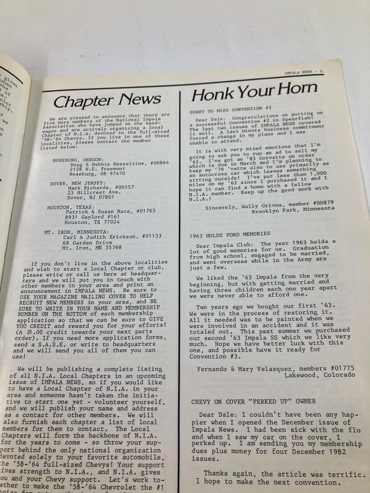 Inside page of VTG Impala News Magazine January 1983 Vol 3 #4 titled 'Honk Your Horn', displaying Chapter News and a note about missed conventions.