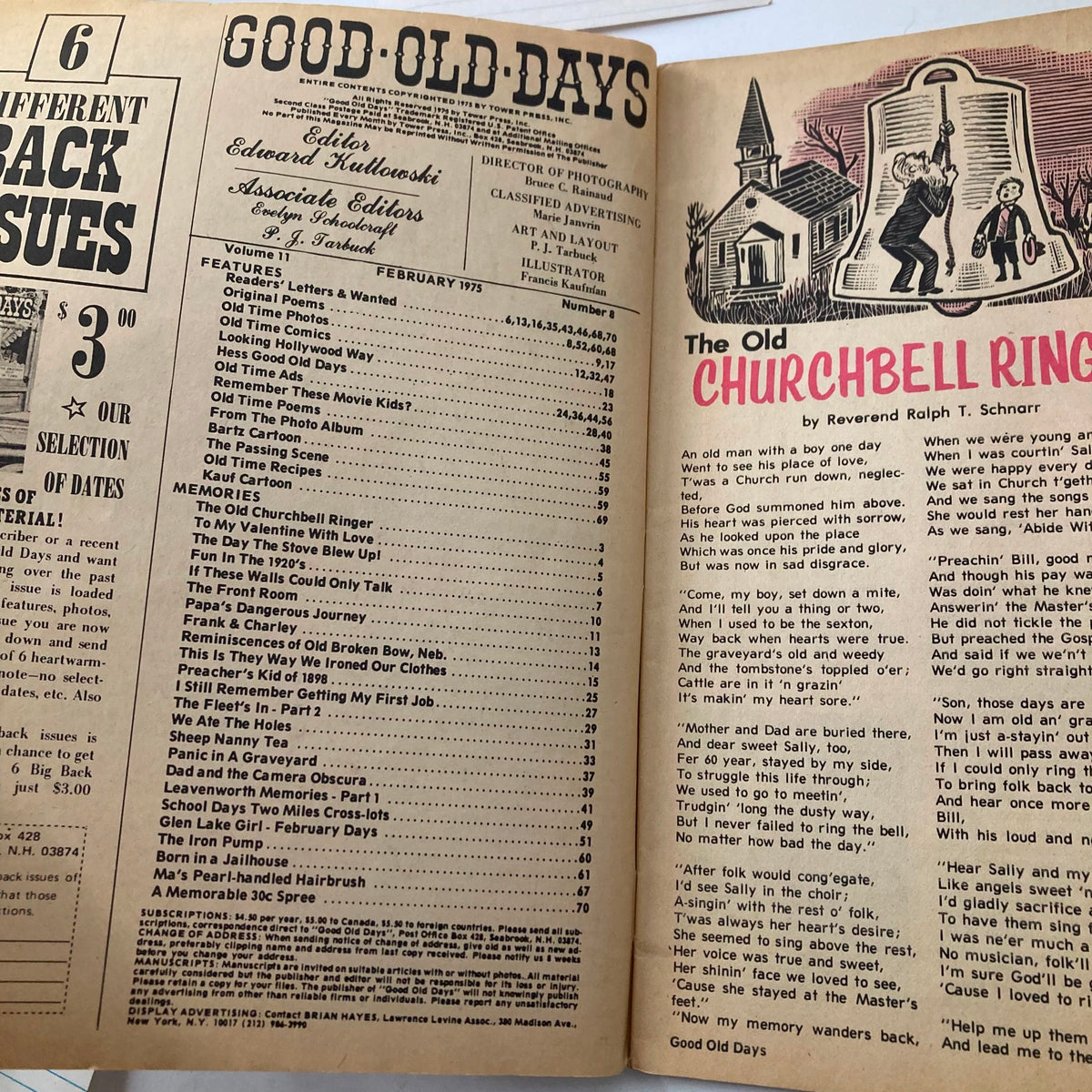 Interior page of VTG Good Old Days Magazine February 1975 Vol 11 No 8 showing the table of contents, featuring nostalgic articles and stories from the mid-1970s.