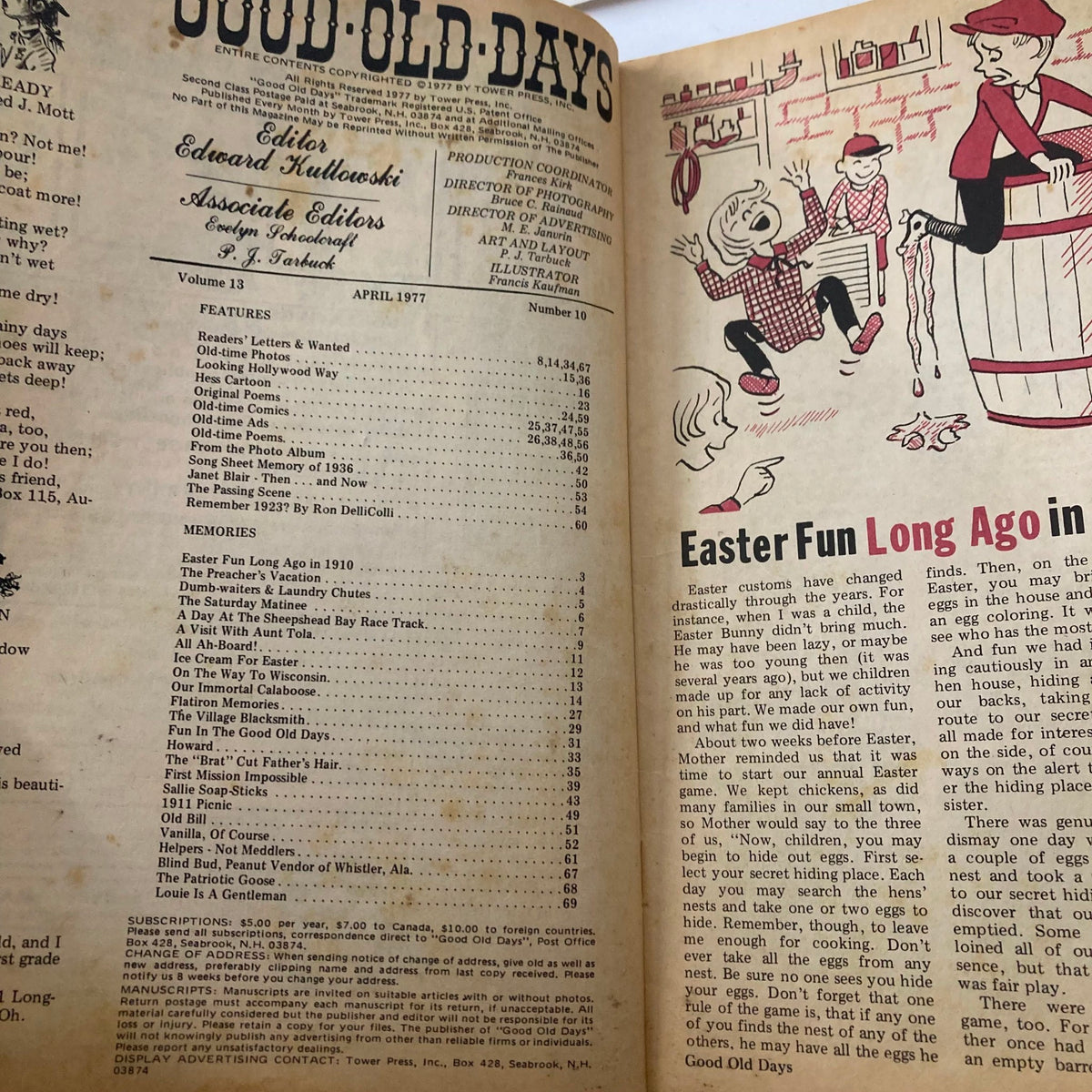 Interior page of VTG Good Old Days Magazine April 1977 Vol 13 No. 10 showcasing features and advertisements, including Easter Fun Long Ago and articles from the 1970s.