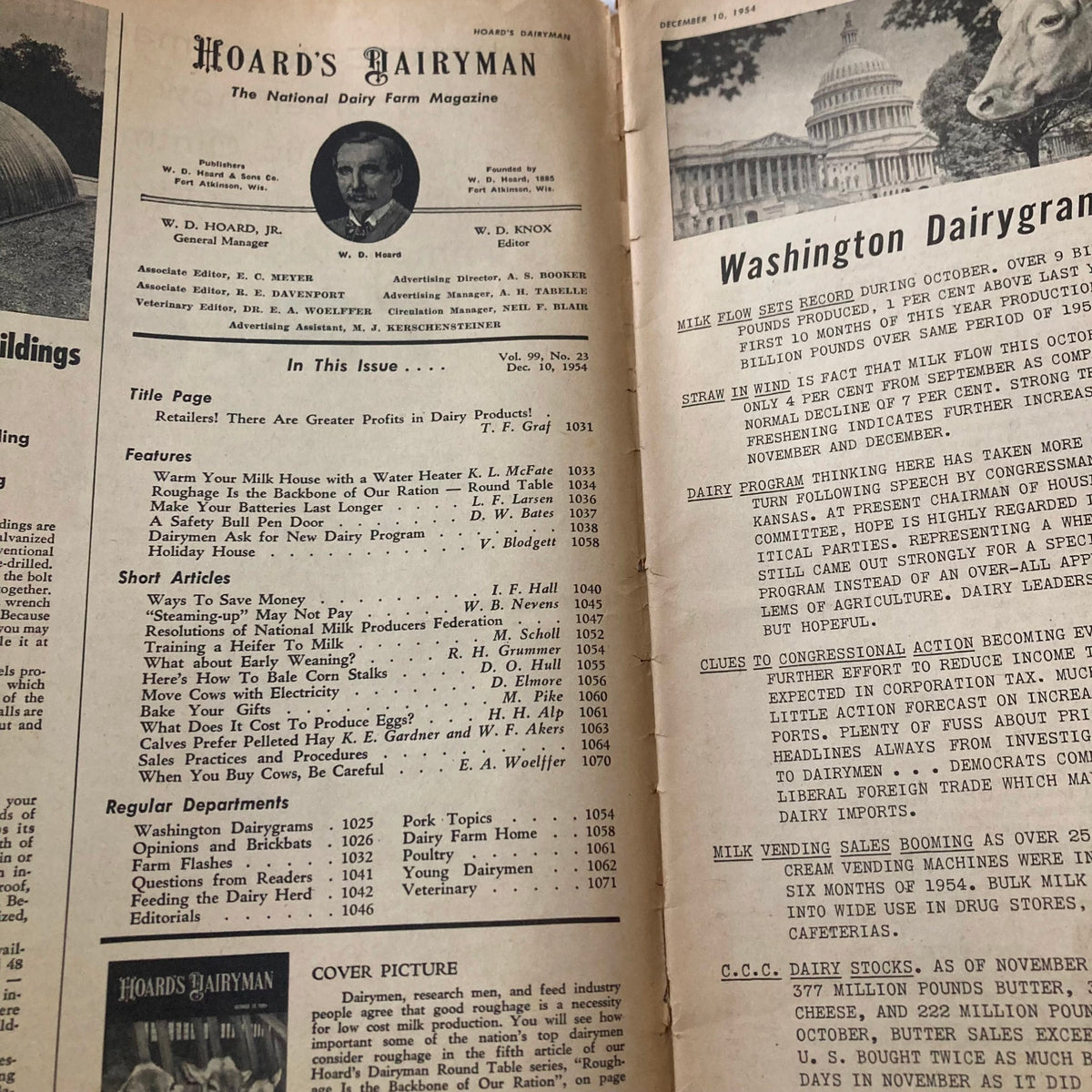 Inside page of VTG Hoard's Dairyman Magazine December 10 1954 Vol 99 No. 23, listing articles and topics related to dairy farming practices in the 1950s.