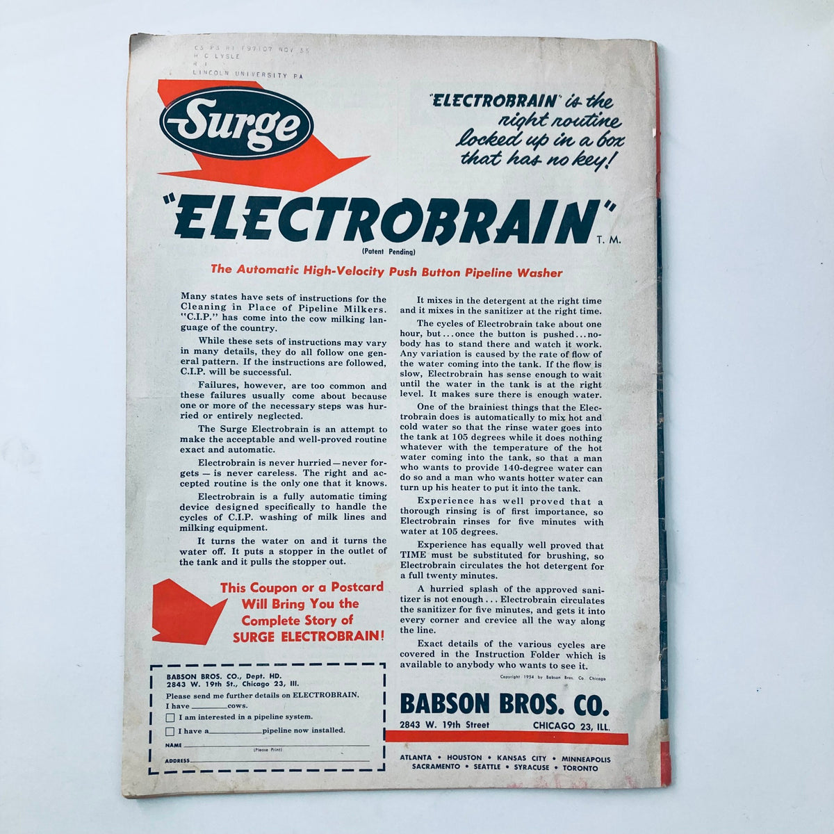 Advertisement page from VTG Hoard's Dairyman Magazine December 10 1954 Vol 99 No. 23, featuring the Surge Electrobrain, a pipeline washing device for dairy farmers.