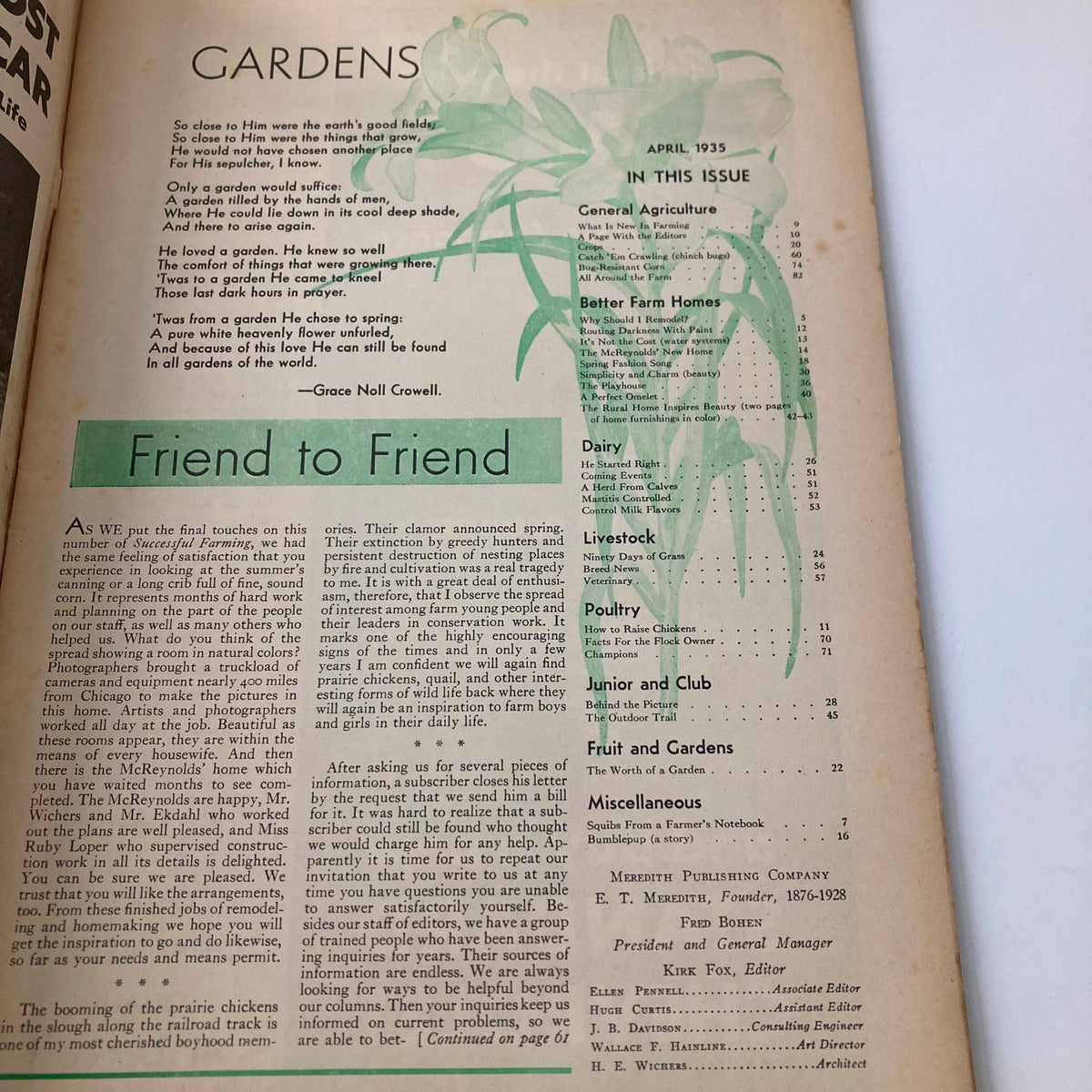 Interior page of the VTG Successful Farming Magazine April 1935 displaying the table of contents with a floral design, including sections on General Agriculture, Better Farm Homes, Dairy, Livestock, and more.