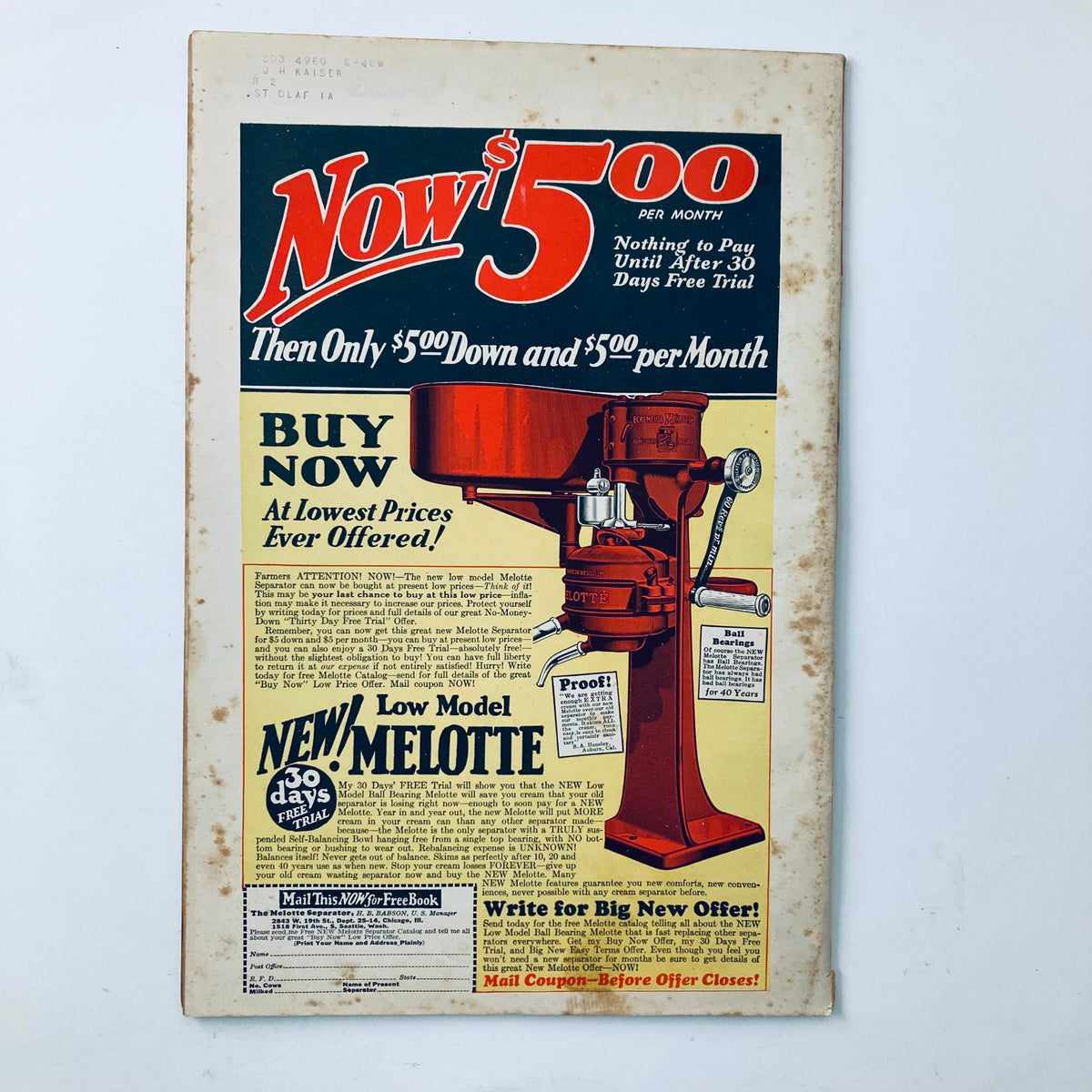 Back cover of the VTG Successful Farming Magazine April 1935 showcasing an advertisement for the 'New Melotte' product, promoting a payment plan for farmers with vibrant graphics.