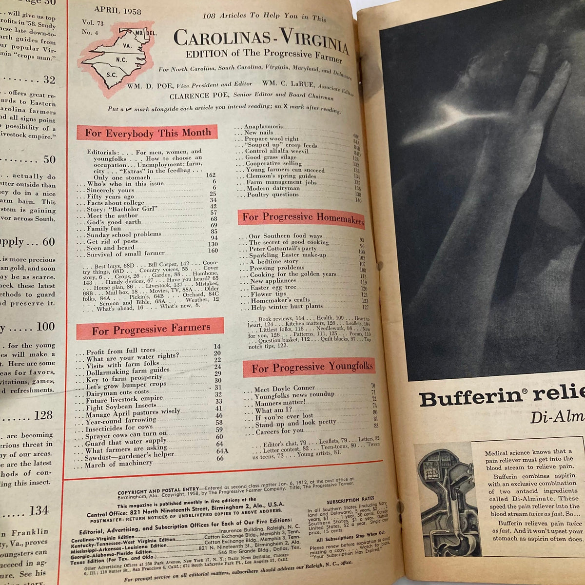 Interior page of VTG The Progressive Farmer Magazine April 1958 displaying article topics and sections geared toward homemakers, farmers, and young readers.