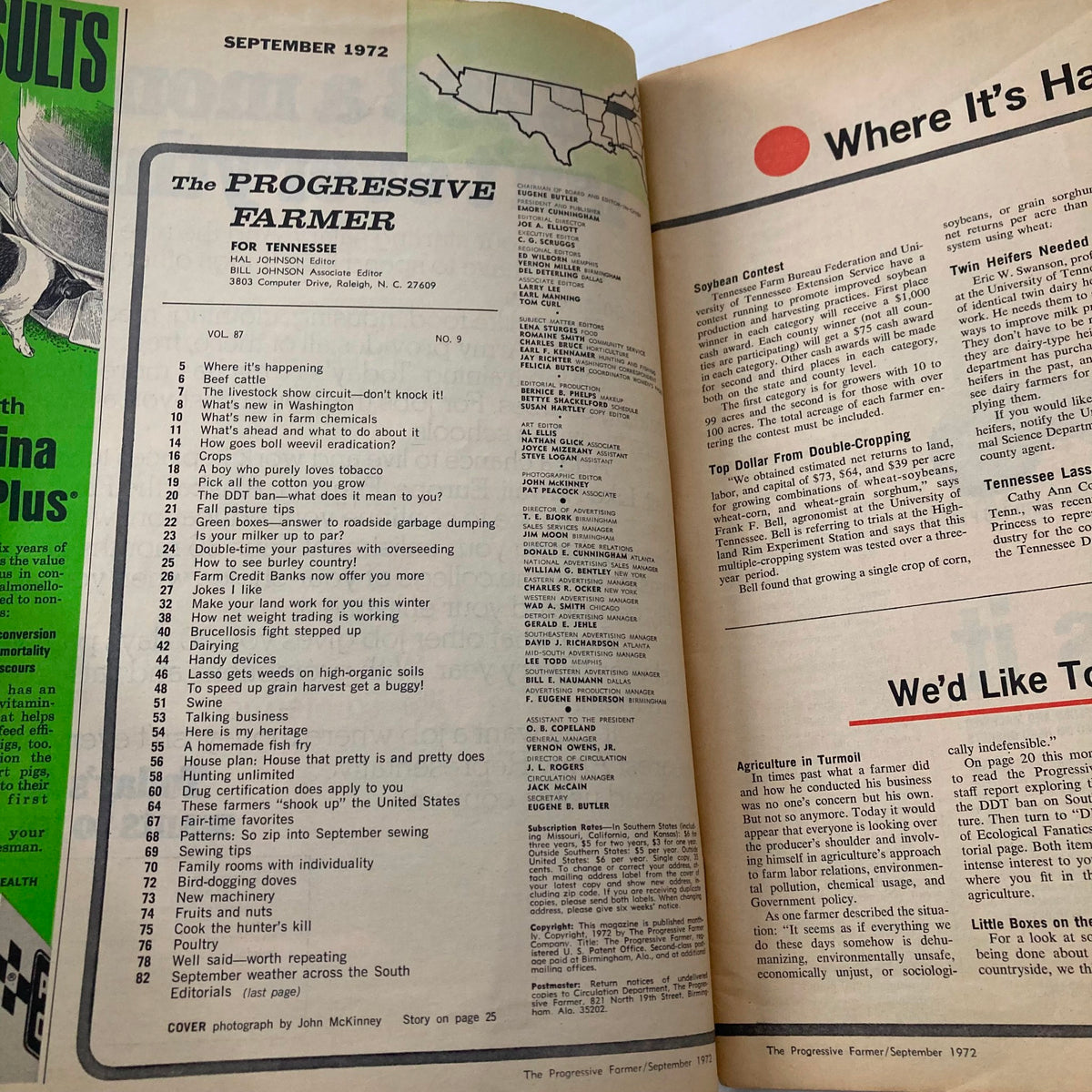 Interior page of The Progressive Farmer Magazine, September 1972, showcasing the table of contents with various agricultural topics and articles about livestock and farming practices.