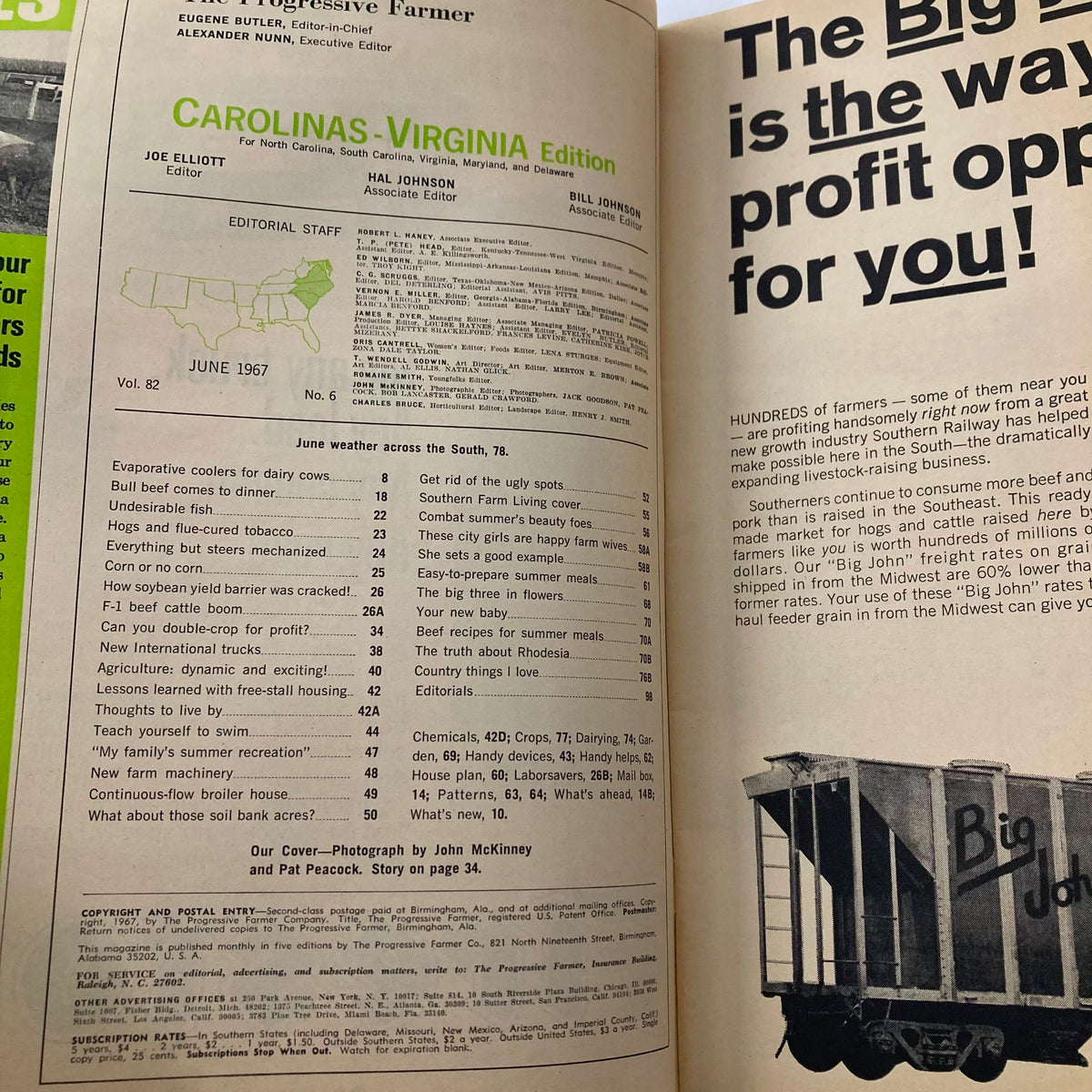 Inside page of VTG The Progressive Farmer Magazine June 1967 showcasing table of contents and agricultural topics including double cropping for increased profits.