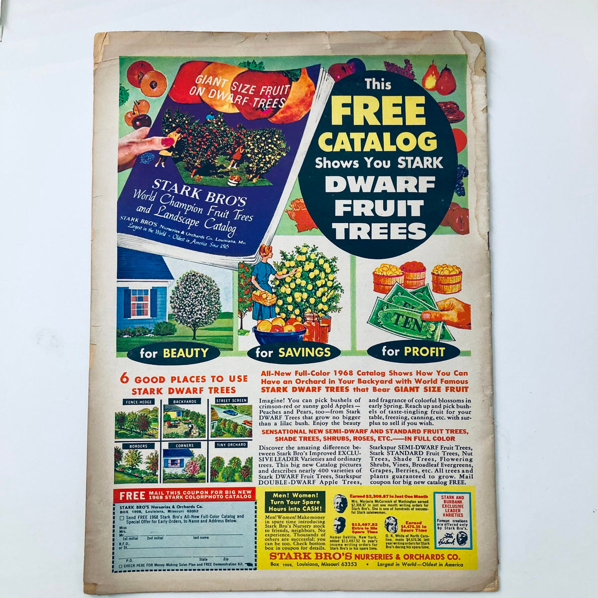 Back cover of VTG The Southern Planter Magazine, September 1967, featuring an advertisement for Stark Brothers dwarf fruit trees and colorful illustrations promoting gardening.
