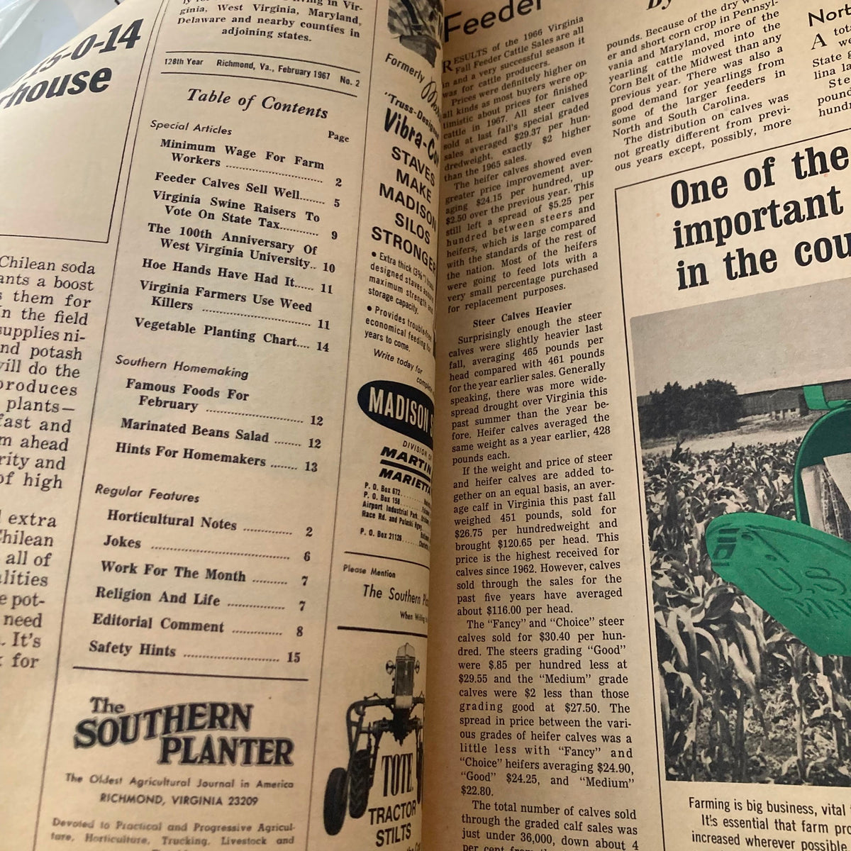 Interior page of the VTG The Southern Planter Magazine February 1967 displaying the Table of Contents, emphasizing articles related to agriculture and farming practices.