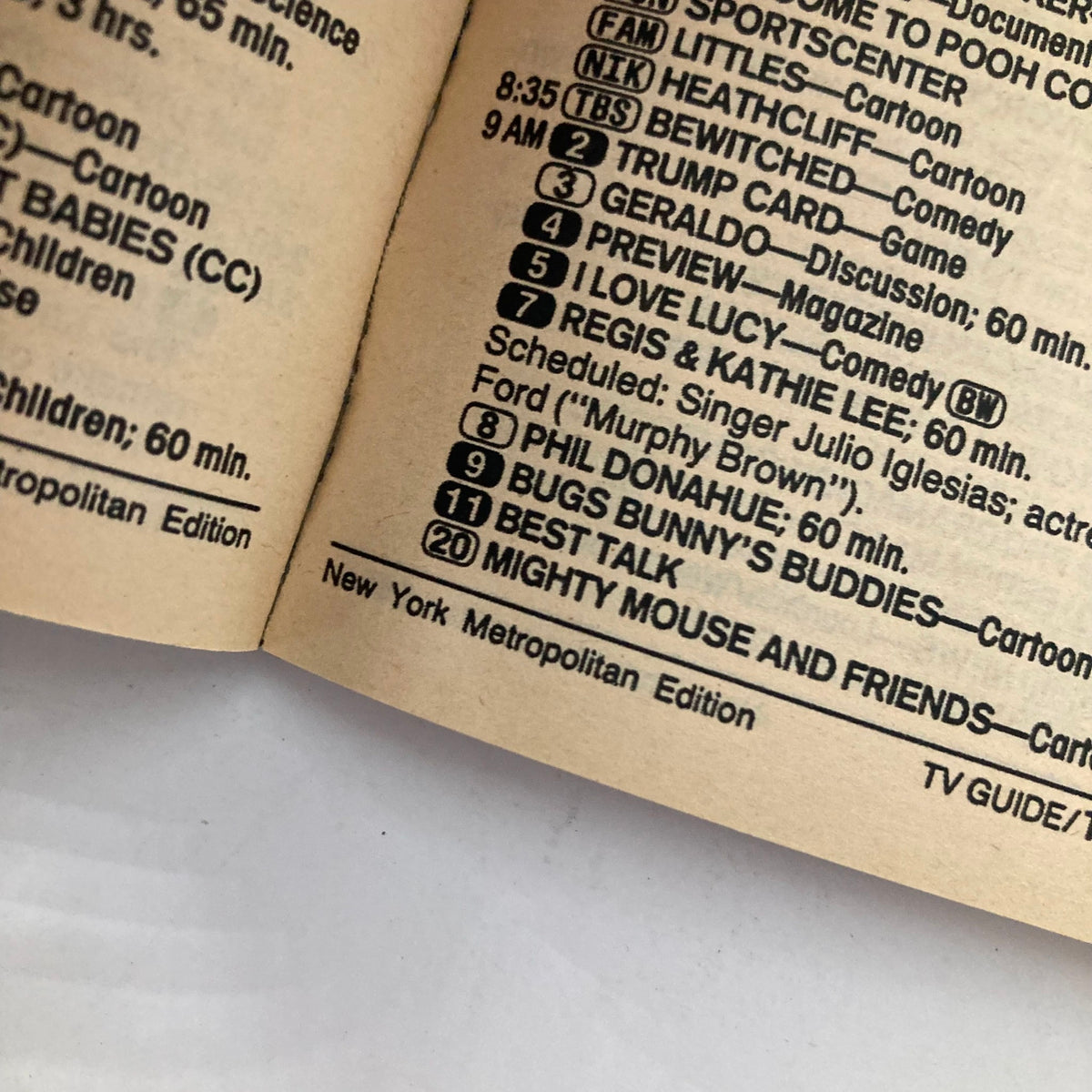 Interior pages of the TV Guide Magazine from November 10, 1990, showcasing television listings including popular shows like 'I Love Lucy' and 'Phil Donahue'.
