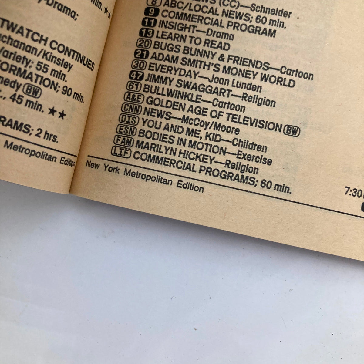 Interior page from TV Guide Magazine April 14 1990, showcasing the TV schedule listings and program descriptions for the New York Metropolitan Edition.