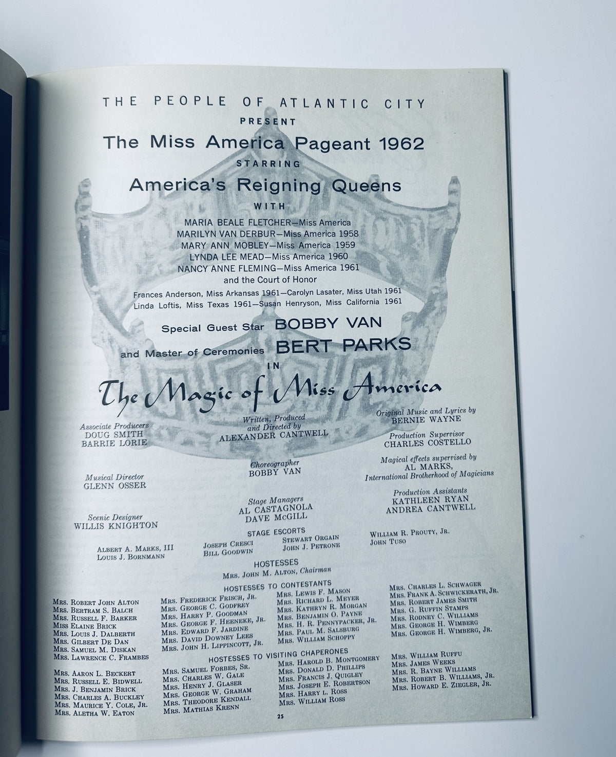 Inside page of the Miss America Pageant Magazine September 3–9, 1962, detailing the participants and program content with listings of America's reigning queens and the master of ceremonies, Bert Parks.