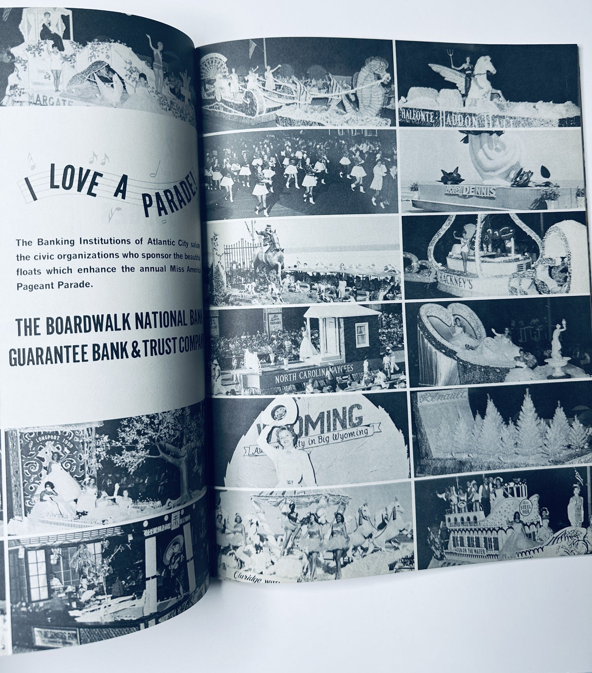 Collection of parade float images from the Miss America Pageant in Atlantic City, featuring various civic organization floats, showcasing the pageantry and festivities associated with the event. Miss America Pageant Magazine September 3–9, 1962 Maria Beale Fletcher Cover.