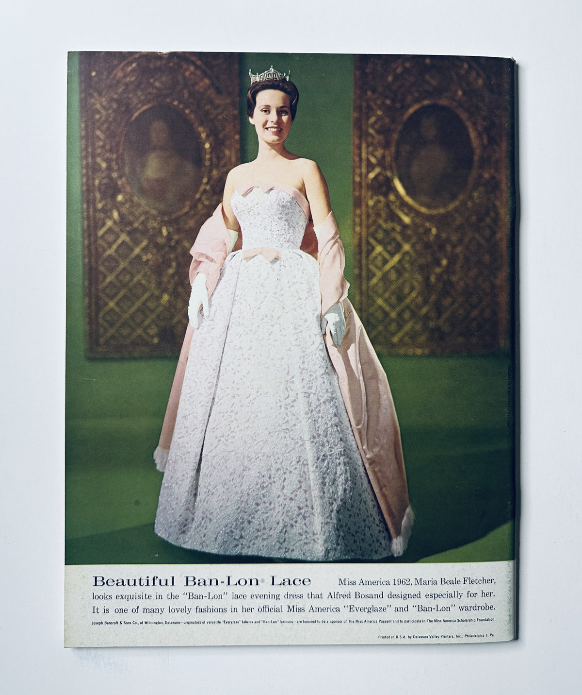 Maria Beale Fletcher in a beautiful Ban-Lon lace evening gown, designed by Alfred Bosand, featured on the cover of Miss America Pageant Magazine September 3–9, 1962.