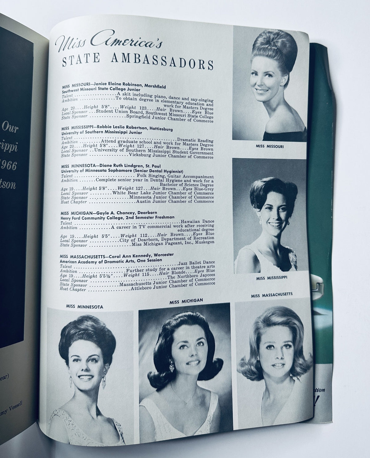 A page from the Miss America Pageant Magazine September 1966 displaying photos of Miss America's State Ambassadors, emphasizing the representation of various contestants including Miss Missouri and Miss Mississippi.