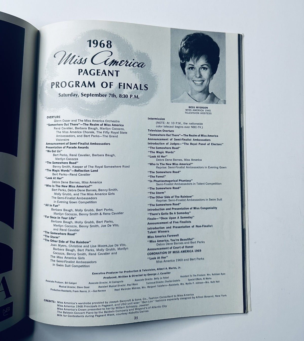 1968 Miss America Pageant Program of Finals showcasing the schedule for Saturday, September 7th, featuring participant names and performances, with a photo of Miss America candidate.