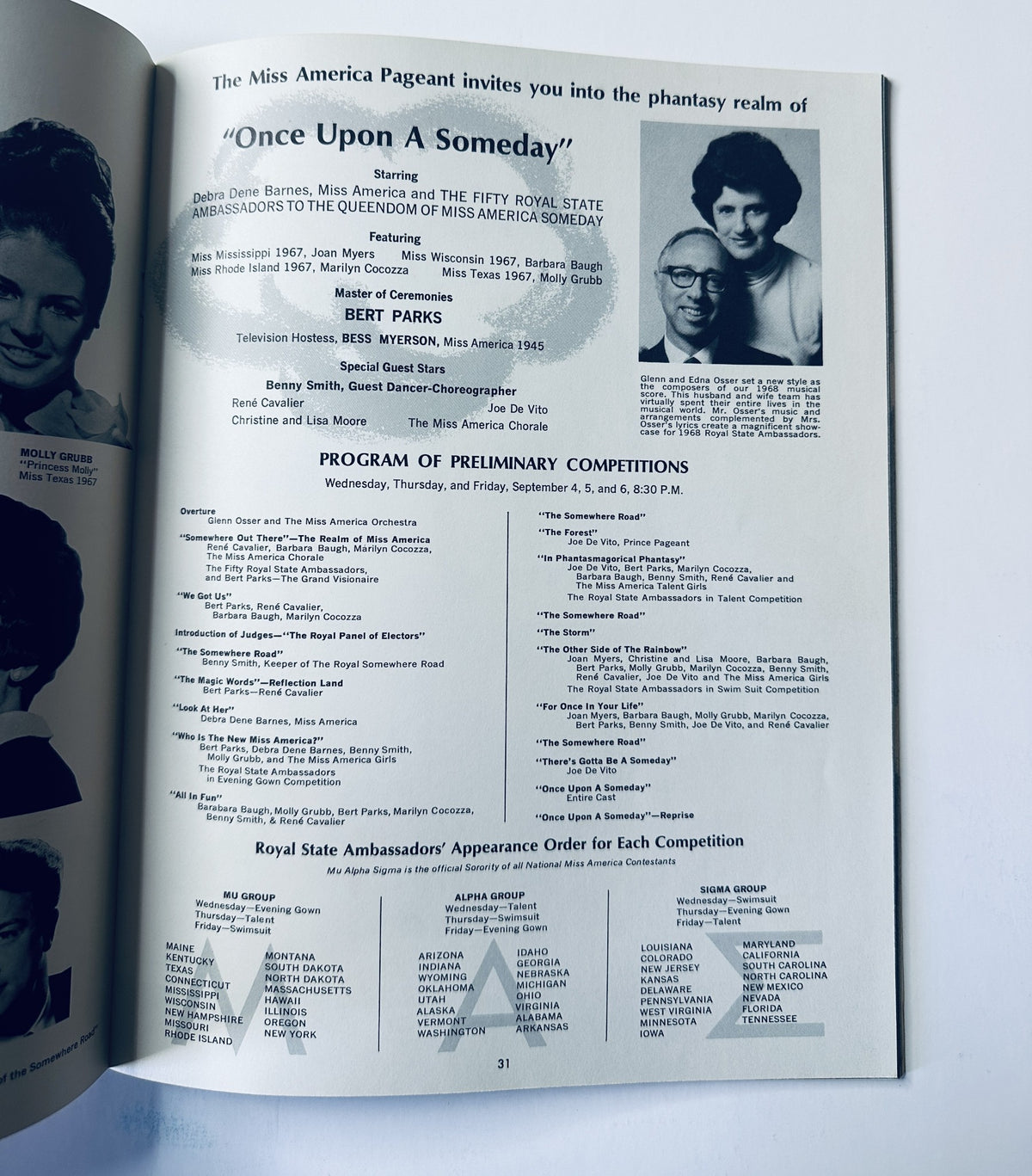 1968 Miss America Pageant featuring Debra Dene Barnes and the Fifty Royal State Ambassadors in the program titled 'Once Upon A Someday', detailing the preliminary competition schedule.