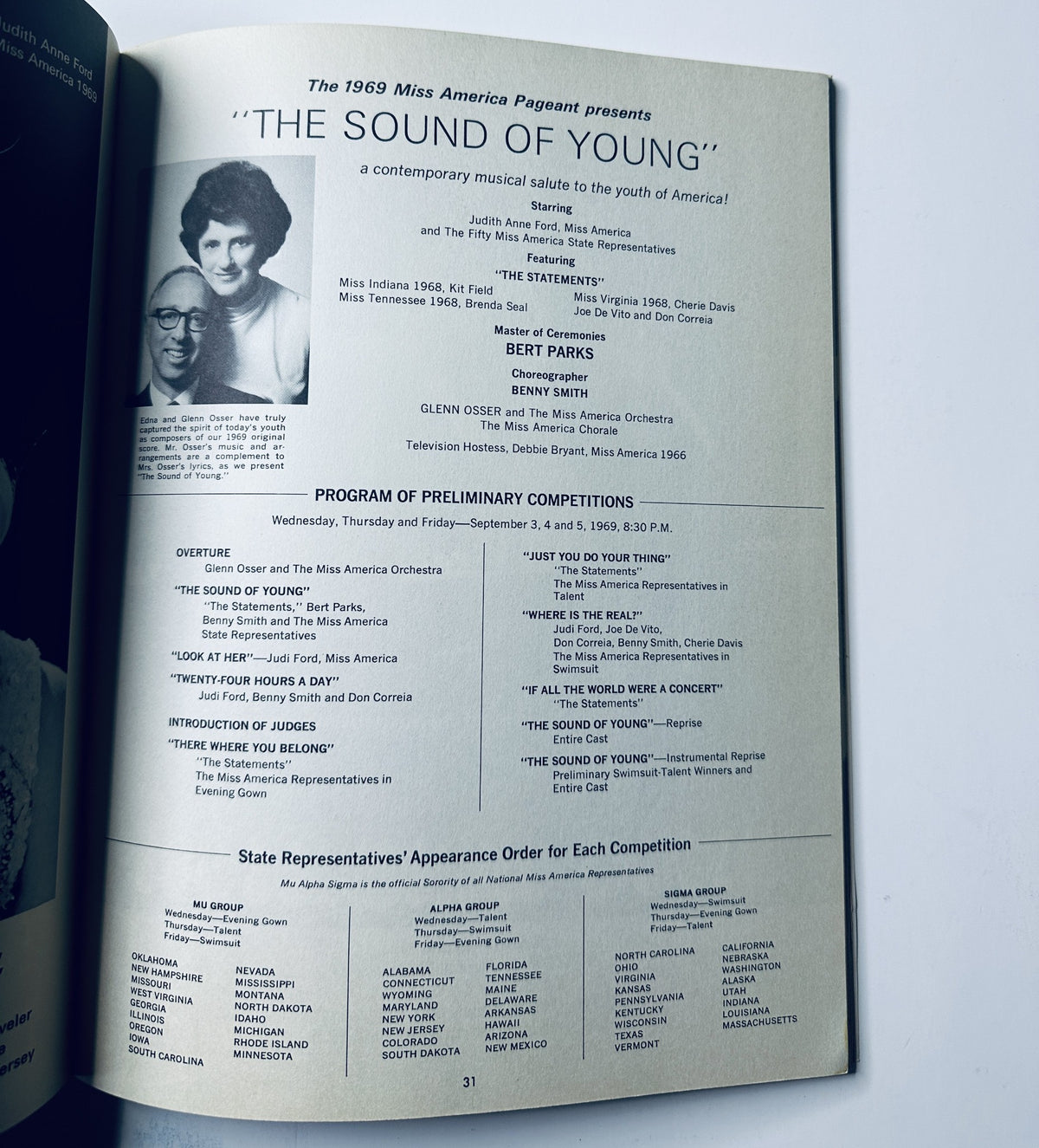 Inside page of the Miss America Pageant Magazine, detailing the program for 'The Sound of Young', including a list of preliminary competitions and performances, published for the event taking place in Atlantic City, NJ from September 2-7, 1969.