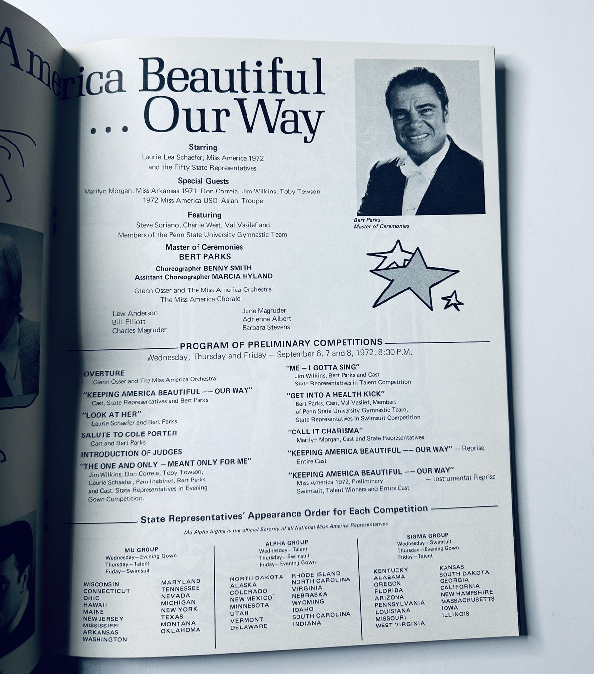 Inside page of the Miss America Pageant Magazine from September 4–10, 1972 detailing the program with Laurie Schaefer as Miss America 1972, along with special guests, schedule, and judges for the preliminary competitions.