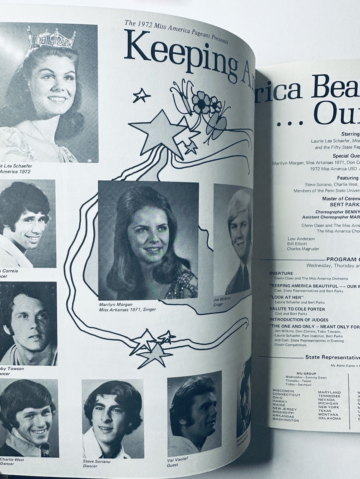 Page from the Miss America Pageant Magazine September 4–10, 1972 featuring Laurie Schaefer, the crowned Miss America 1972. The image highlights performers and state representatives, showcasing a vintage aesthetic.