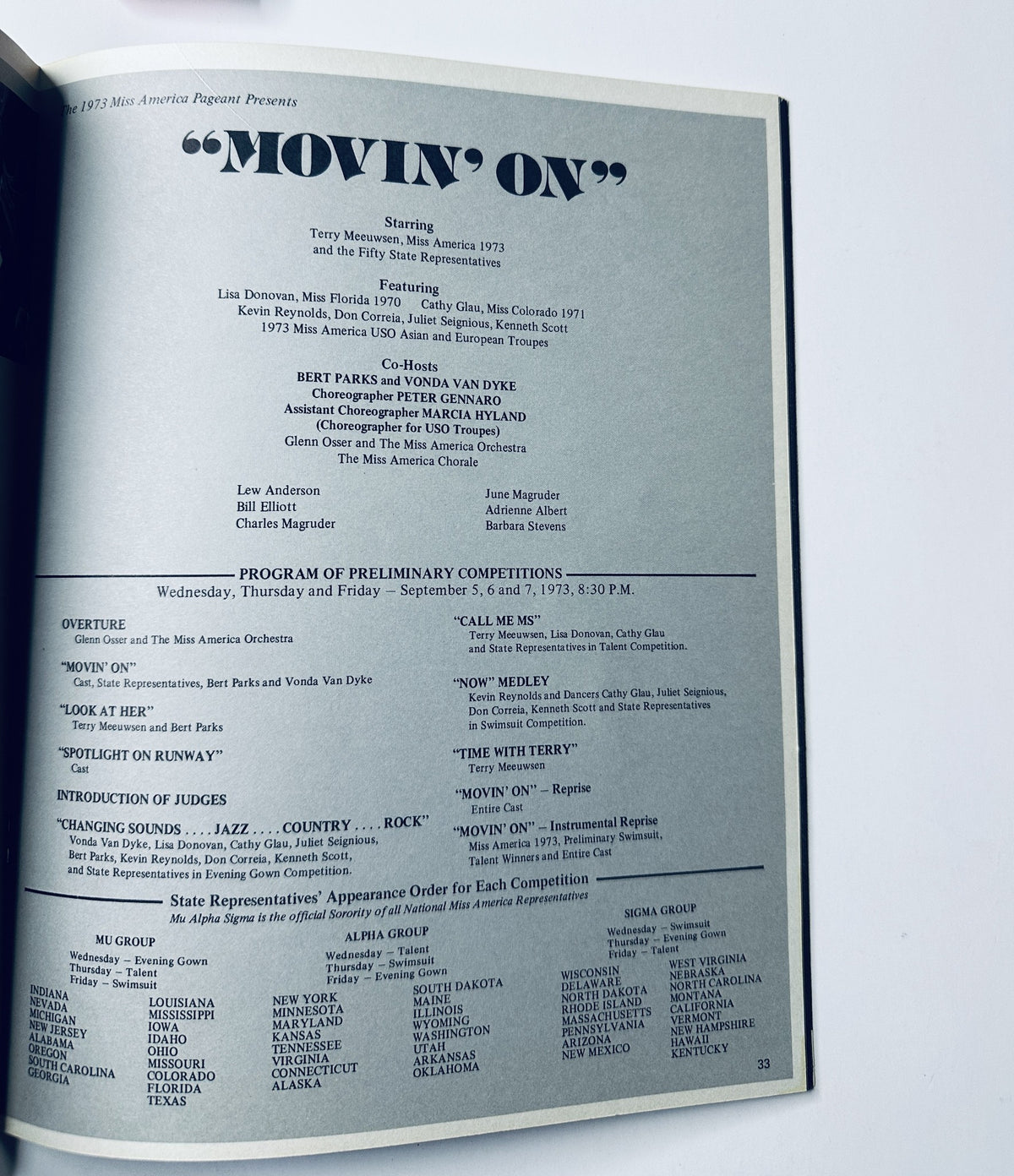 Inside page of the Miss America Pageant Magazine from September 3–9, 1973 showcasing the program for the 'MOVIN’ ON' event, listing the preliminary competition schedule and notable participants including Bert Parks and Vonda Van Dyke.