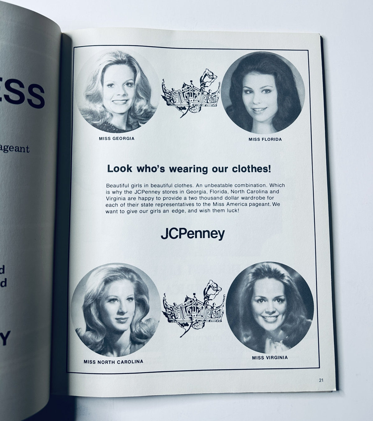 Page 21 from the 1974 Miss America Pageant Magazine displaying headshots of the contestants, including Miss Georgia, Miss Florida, Miss North Carolina, and Miss Virginia.