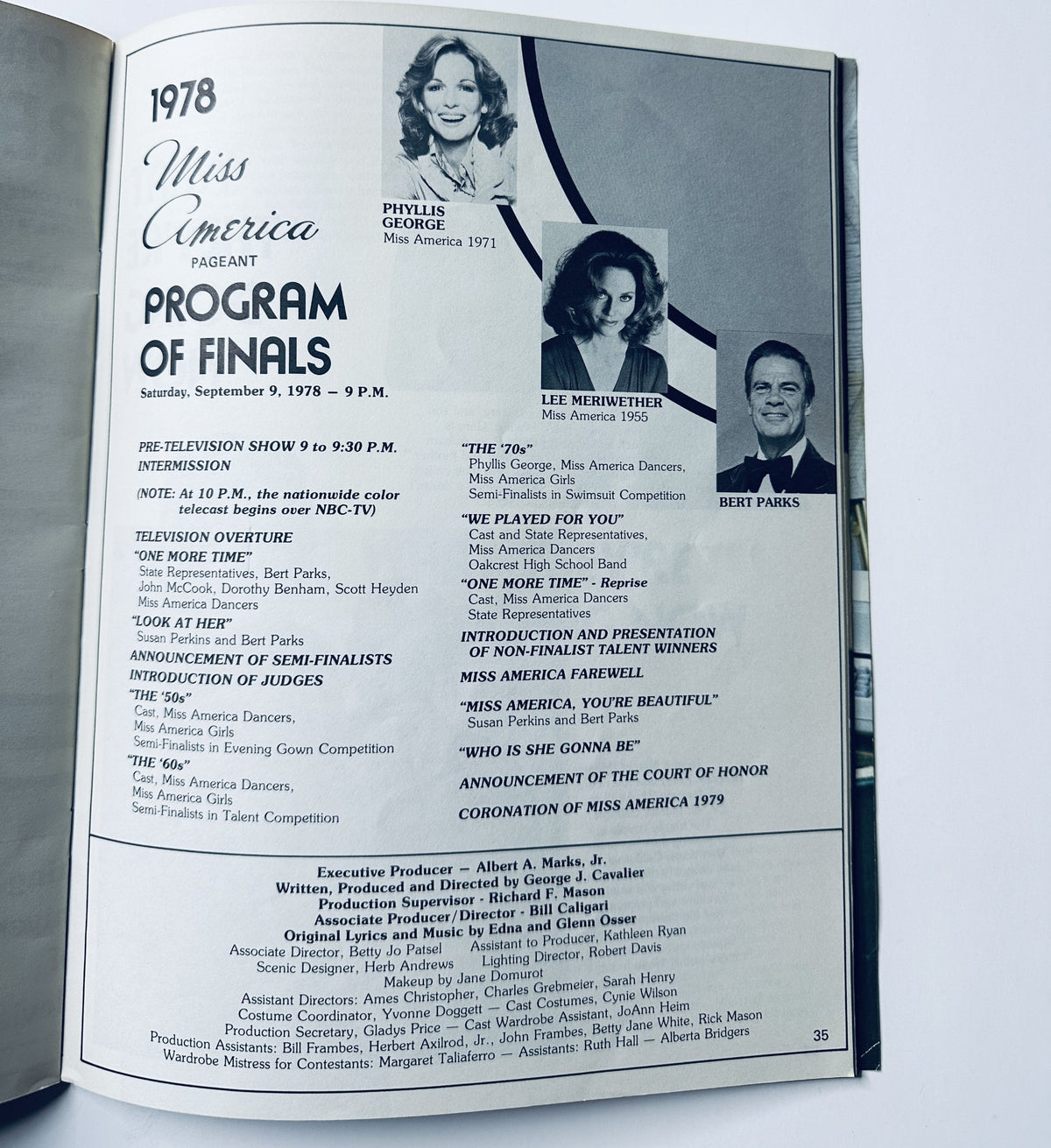 Inside page of the 1978 Miss America Pageant program, showcasing the schedule for the Pre-Television Show and the introduction of judges. The program includes details about Phyllis George, Lee Meriwether, and Bert Parks, emphasizing the announcement of the Court of Honor and the coronation event.