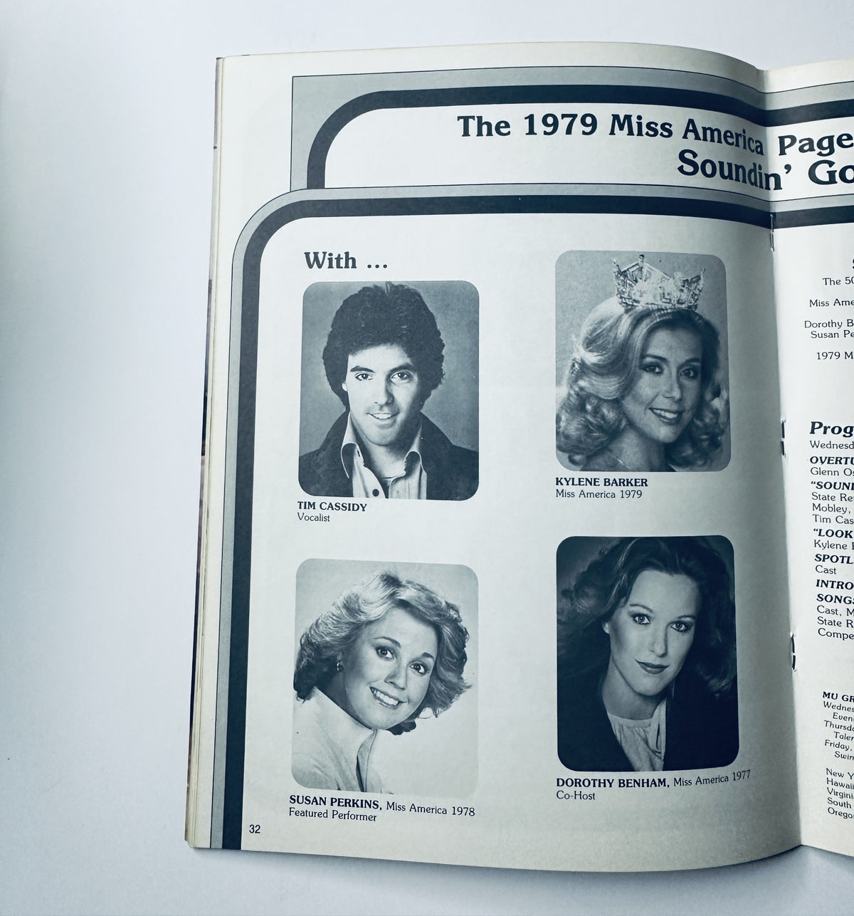 Inner page of The 1979 Miss America Pageant Magazine Program highlighting notable performers Tim Cassidy, Kylene Barker, Susan Perkins, and Dorothy Benham, alongside their images and contributions to the event.