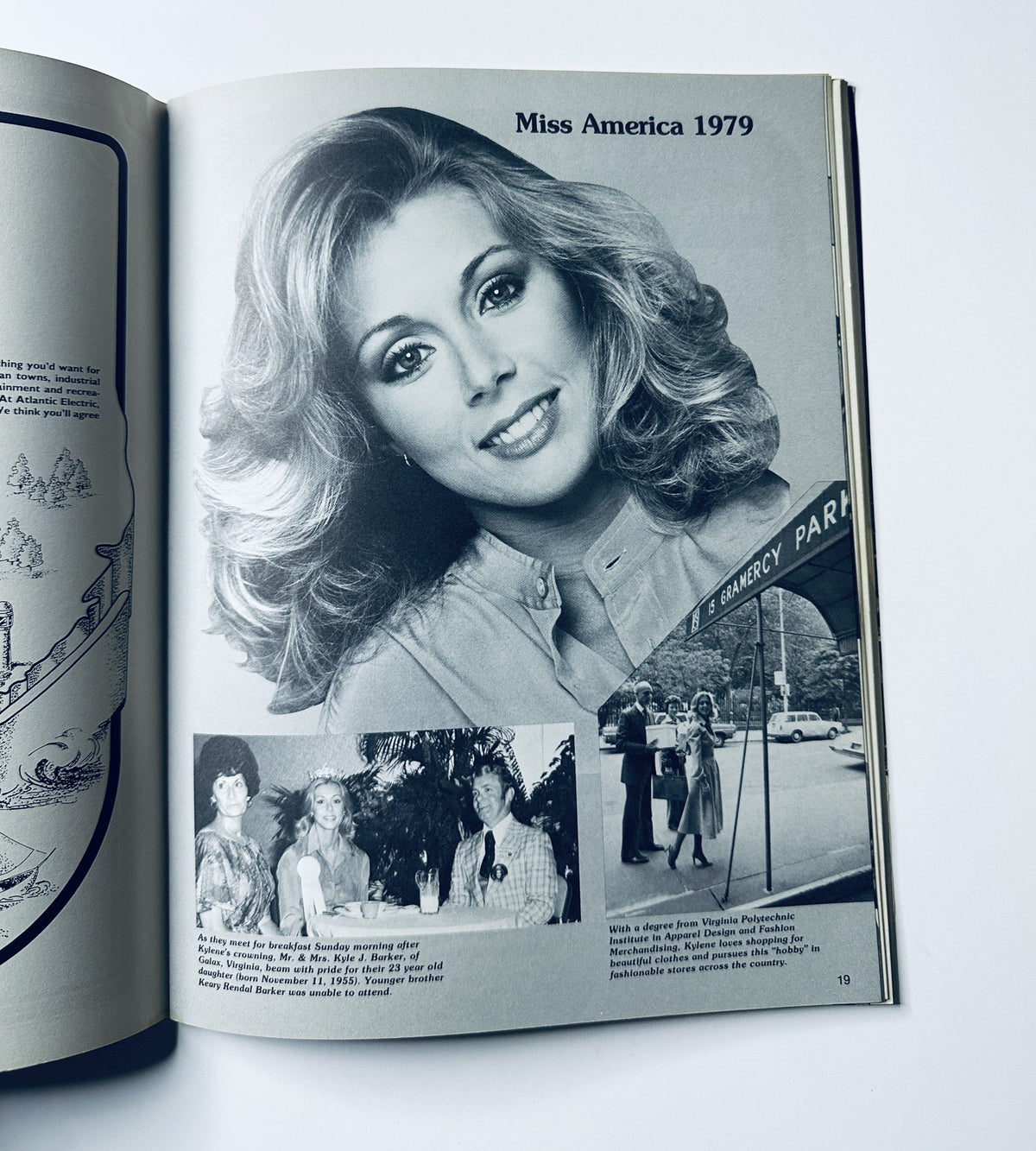 Image featuring Kylene Barker, Miss America 1979, with glamorous hairstyle, from the 1979 Miss America Pageant Magazine Program, showcasing a black and white layout.