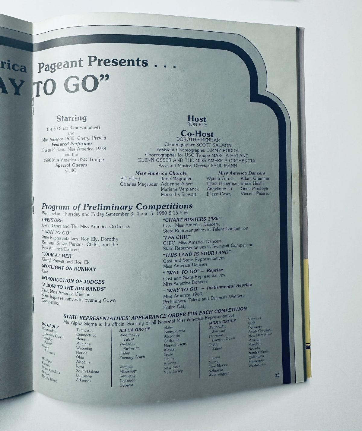 Program details of The 1980 Miss America Pageant featuring the event titled 'WAY TO GO', including hosts Ron Ely and Dorothy Benham, and a list of preliminary competitions.