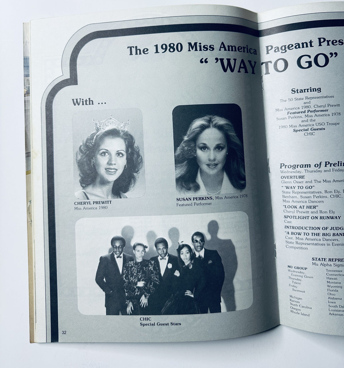 Inside page of The 1980 Miss America Pageant Program showcasing Cheryl Prewitt, Miss America 1980, with Susan Perkins, Miss America 1978, along with special guest stars CHIC.