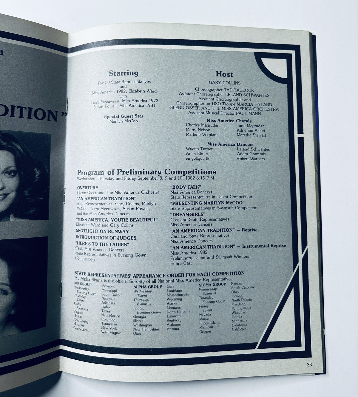 Inside page of The 1982 Miss America Pageant Magazine, listing the program and competitions along with host Gary Collins, presented during the event.