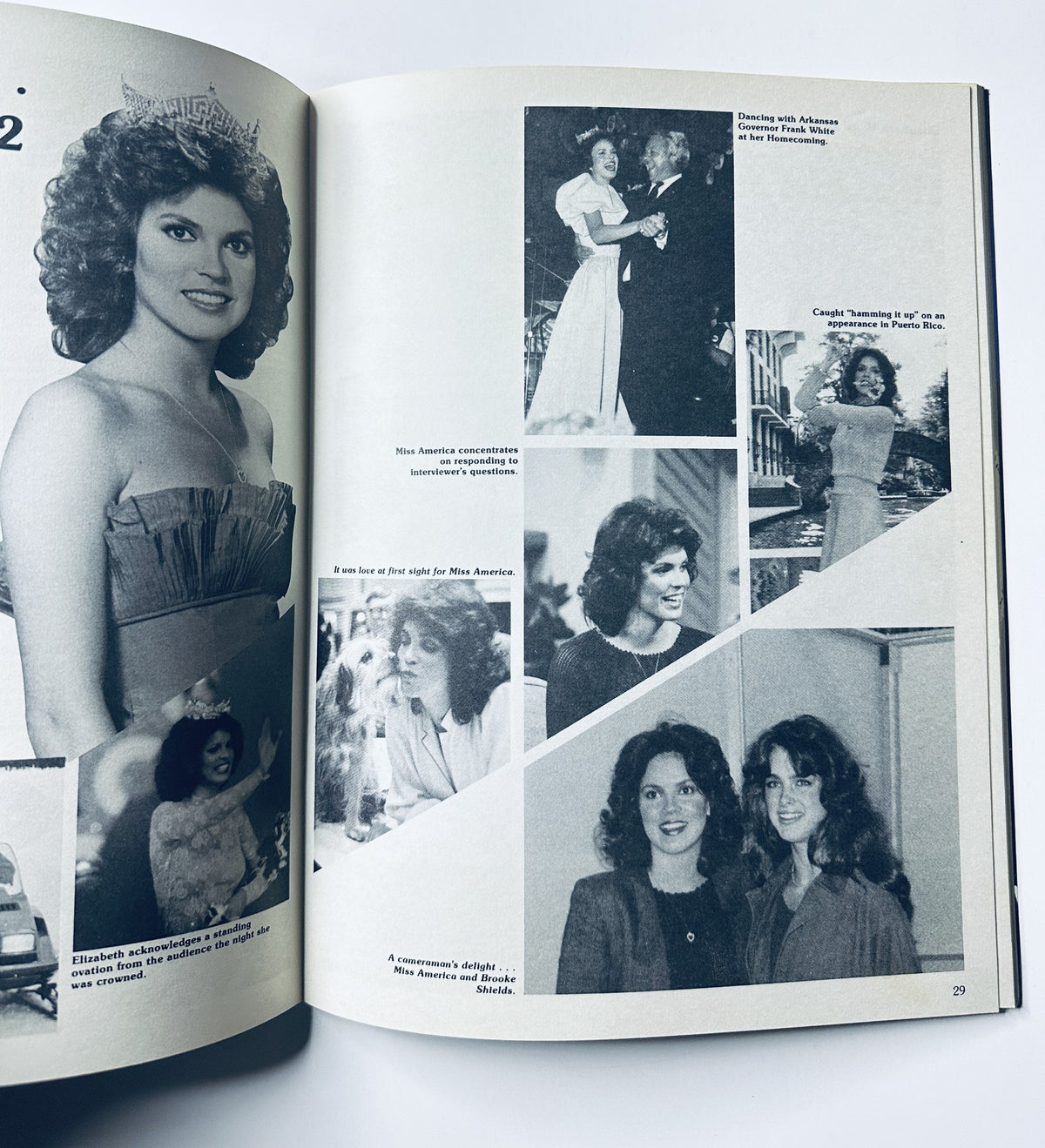 Inside page of The 1982 Miss America Pageant Magazine showcasing photos of Elizabeth Ward, including moments from her reign and behind-the-scenes images.