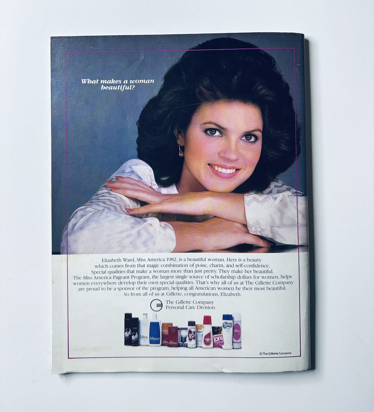 Back cover of The 1982 Miss America Pageant Magazine featuring Miss America 1982, Elizabeth Ward, promoting beauty and self-confidence.
