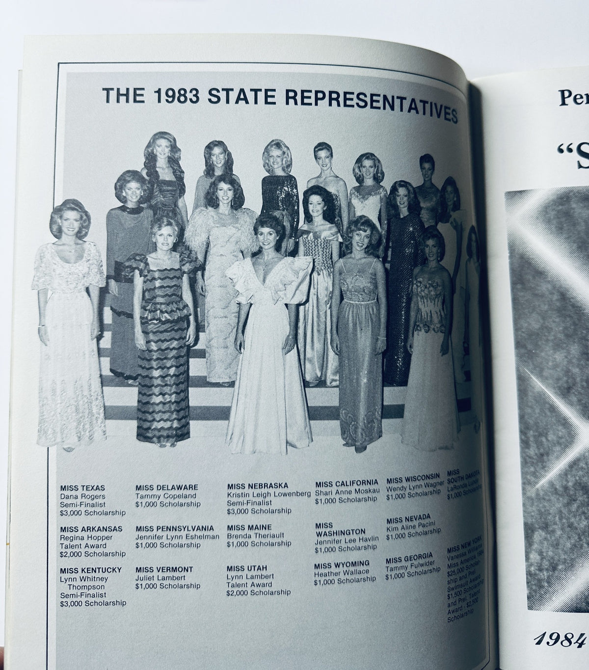 Photo of the 1983 State Representatives featuring contestants in formal attire, presented within the context of the Miss Perry County Pageant program titled 'Solid Gold'.