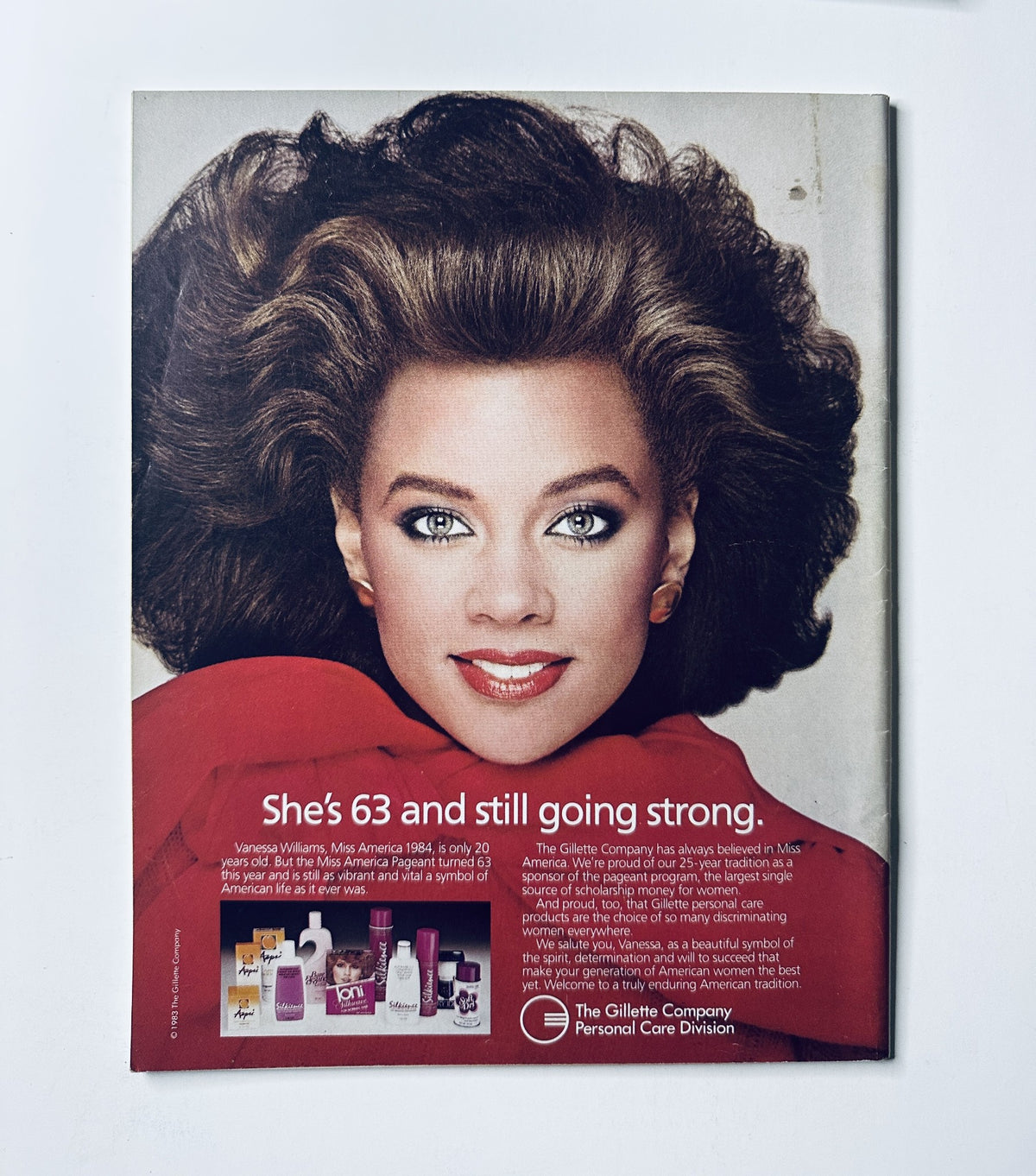 Advertisement featuring Vanessa Williams, Miss America 1984, promoting personal care products, alongside a statement celebrating her ongoing success.