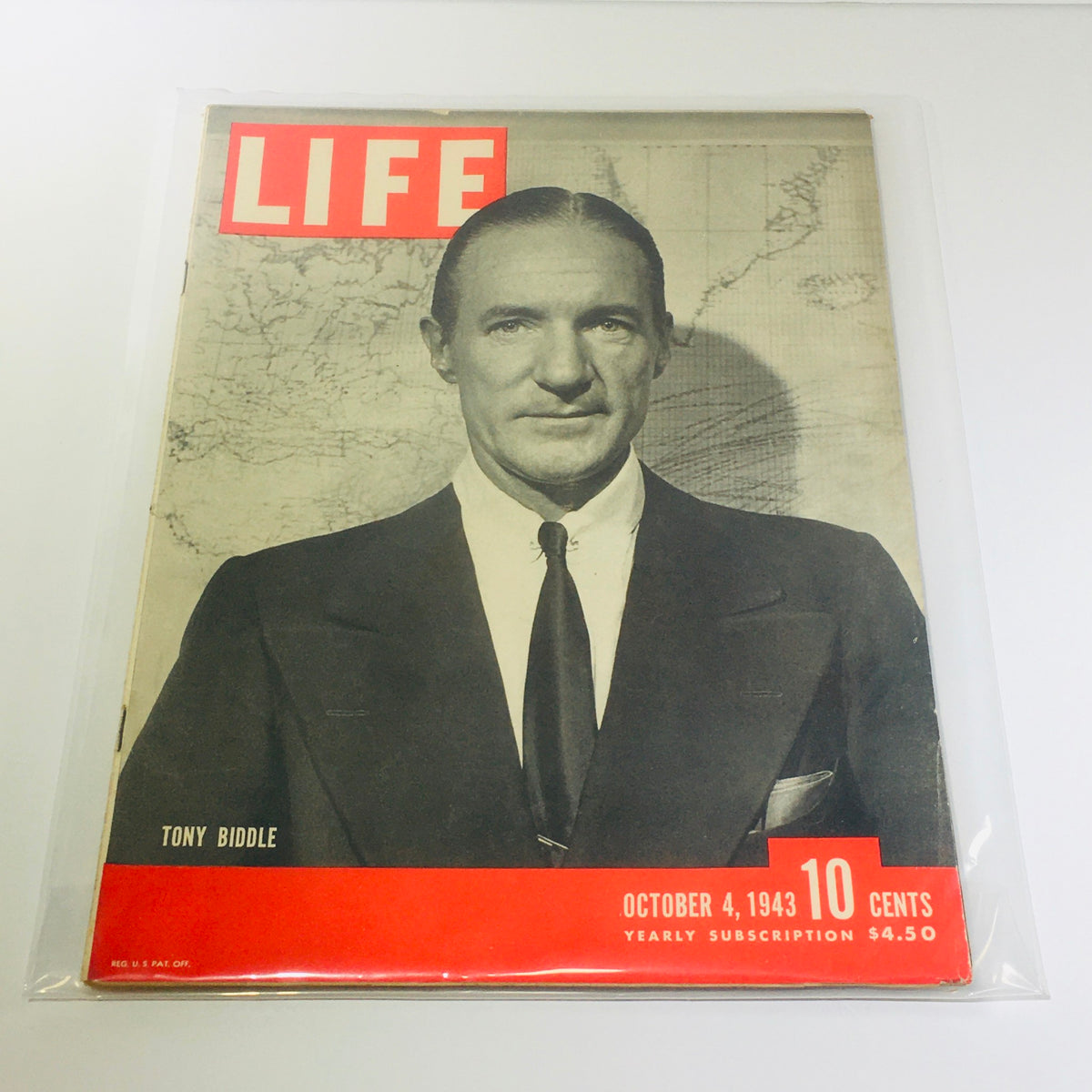 Vintage Life Magazine cover featuring Tony Biddle, dated October 4, 1943. Showcases a historical snapshot of World War II era with a black and white photograph of Tony Biddle against a map background, highlighting the magazine's iconic red logo and date.