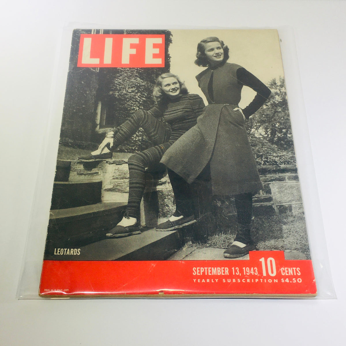 Vintage Life Magazine from September 13, 1943 featuring women in leotards, highlighting 1940s fashion trends. The cover displays a striking photograph of two women, one sitting on steps and the other standing, both dressed in stylish leotards, showcasing the style of the era.