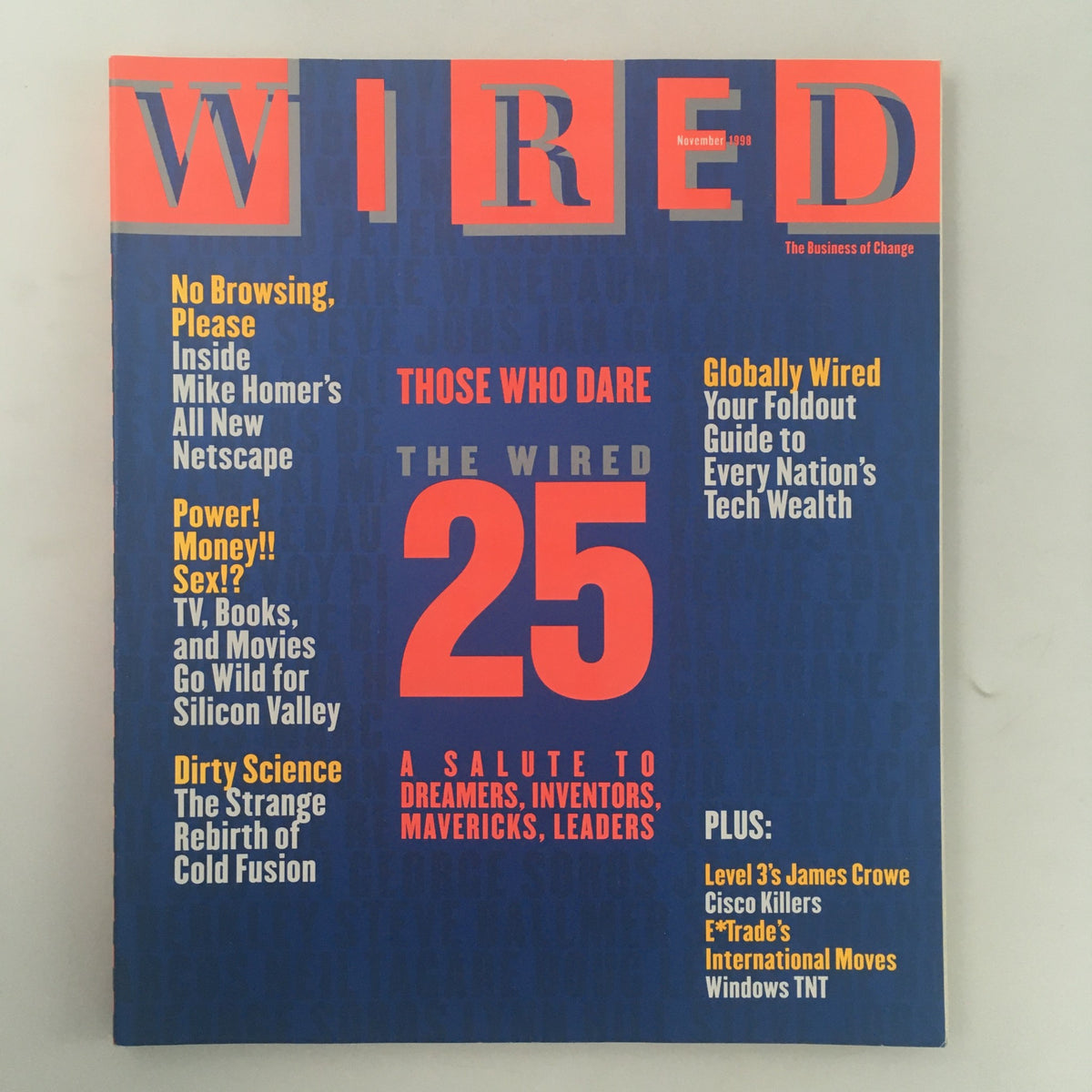 Cover of Wired Magazine, November 1998 featuring the title 'Wired', with highlights on Mike Homer's Netscape, the Wired 25, and cultural commentary on technology and Silicon Valley.