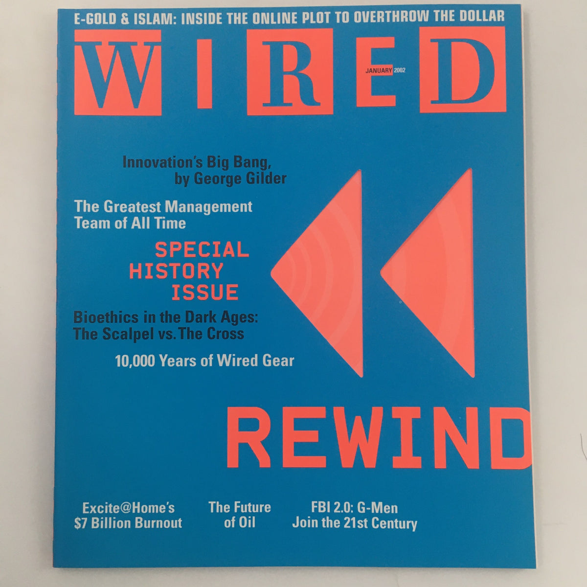 Wired Magazine January 2002 cover featuring articles on bioethics, innovation, and technology, including 'Bioethics in the Dark Ages: The Scalpel vs The Cross'.