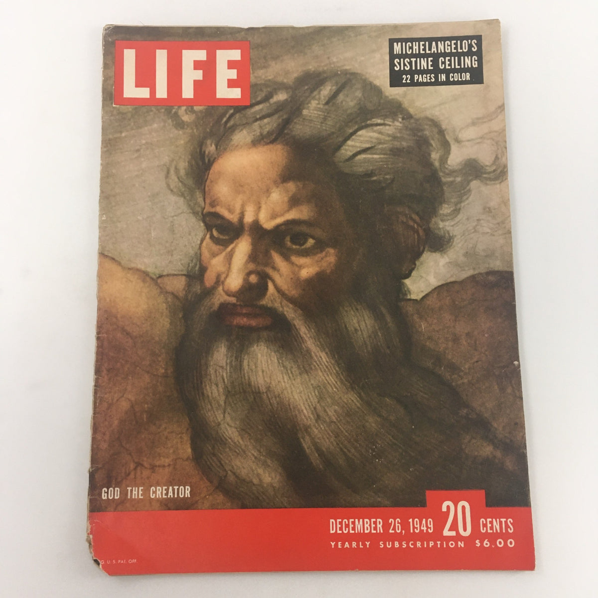 Cover of VTG Life Magazine December 26 1949 featuring Michelangelo's Sistine Ceiling, depicting the artwork with the title 'God the Creator'.